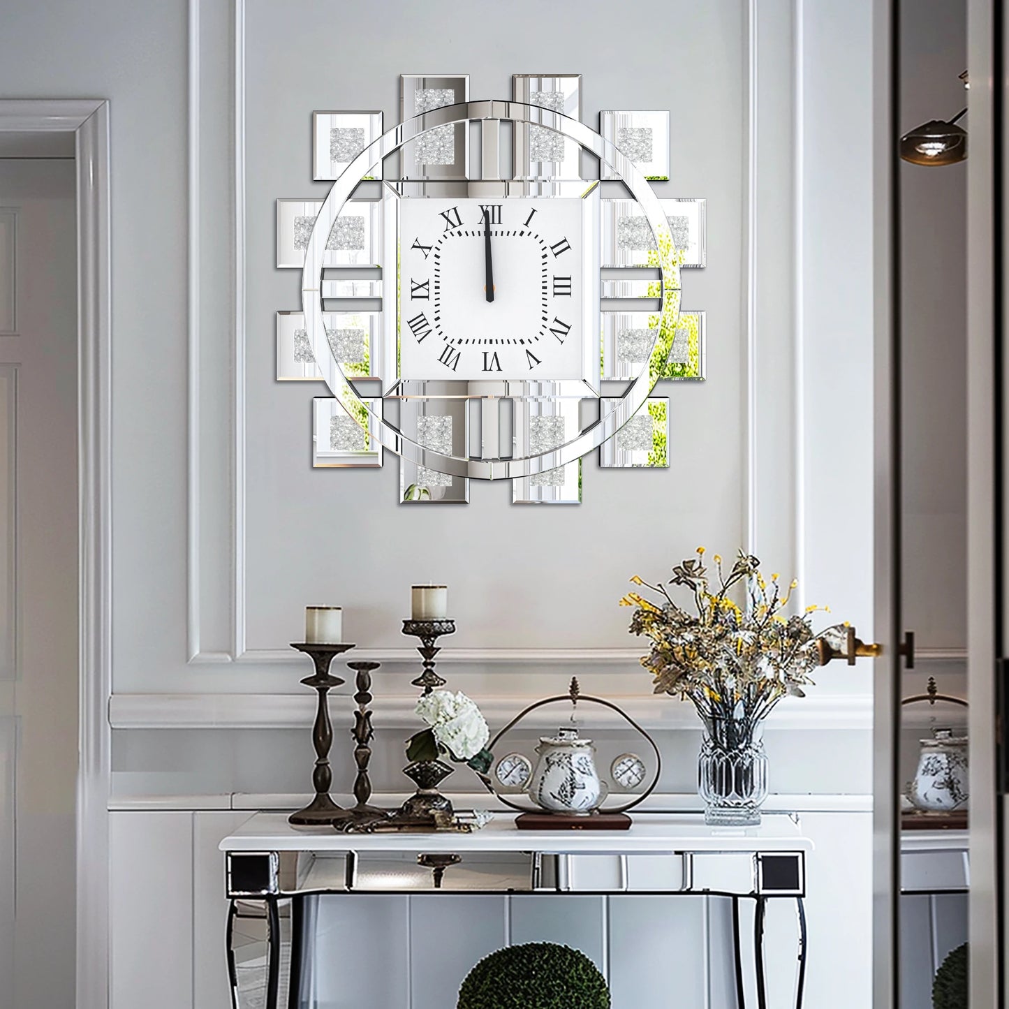 Crush Diamond Mirrored Wall Clock With Roman Numerals Quartz