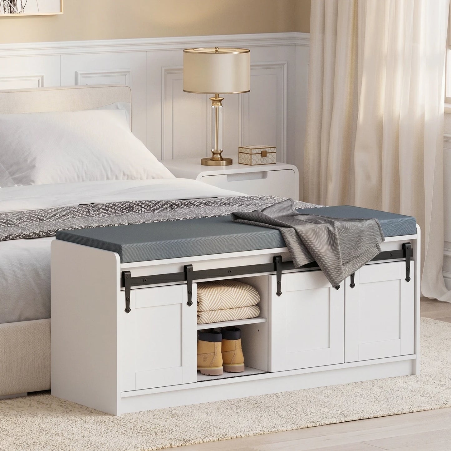 TinyNest Farmhouse Shoe Bench With Padded Seat And Sliding Doors