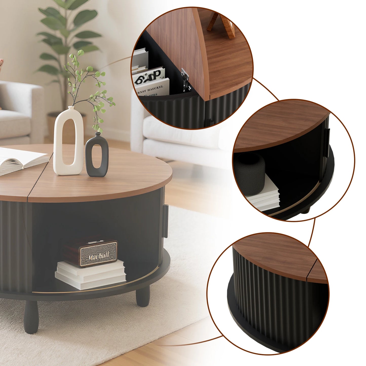 Modern Round Coffee Table With Curved Sliding Storage Door