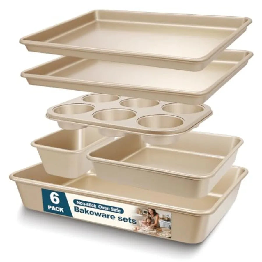 Nonstick Baking Pans Set 6 Stackable Bakeware With Cookie Sheet
