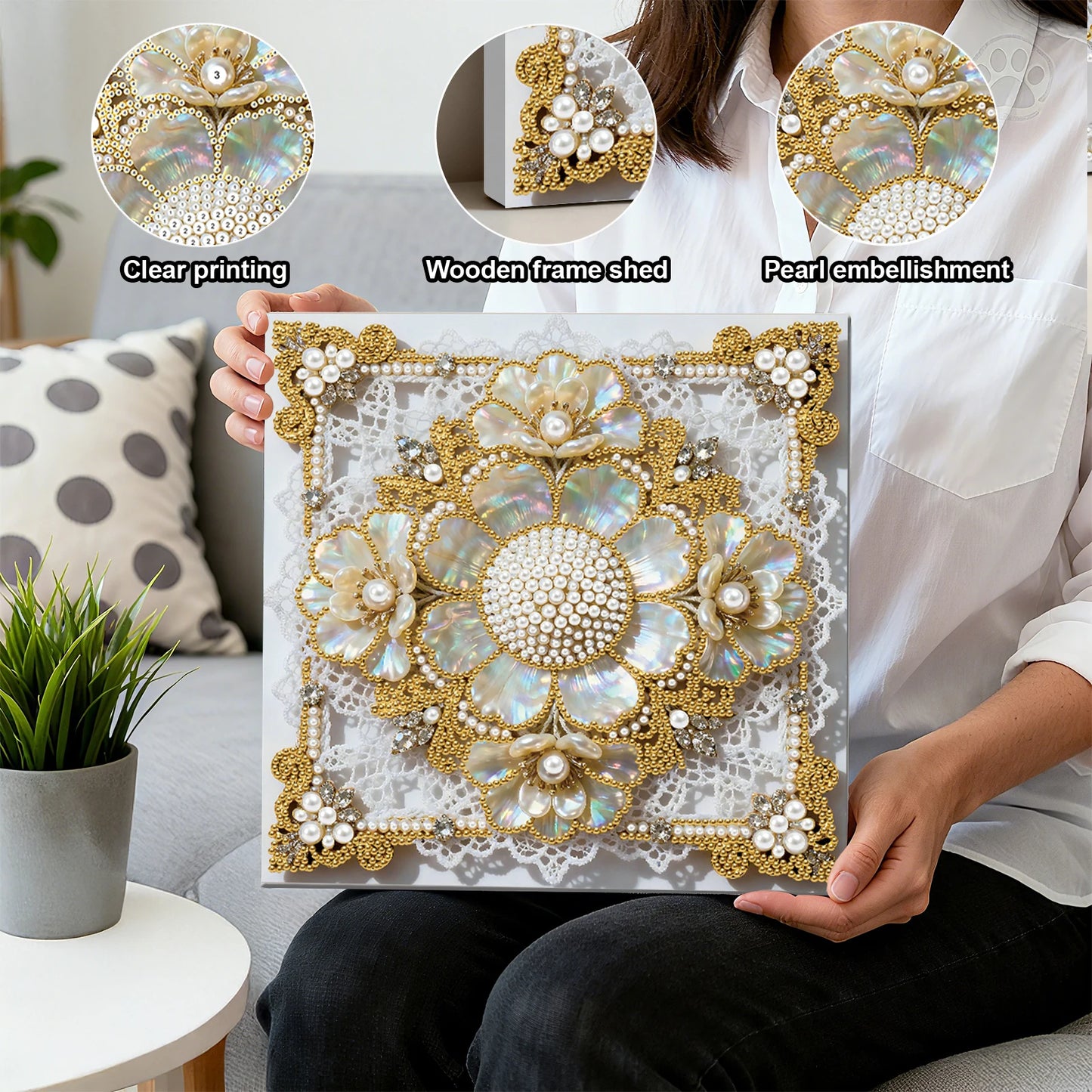 DIY Pearl Art Painting for Home Wall Decor Pearl Gem Paintings Picture Arts Craft 25x25cm With Frame
