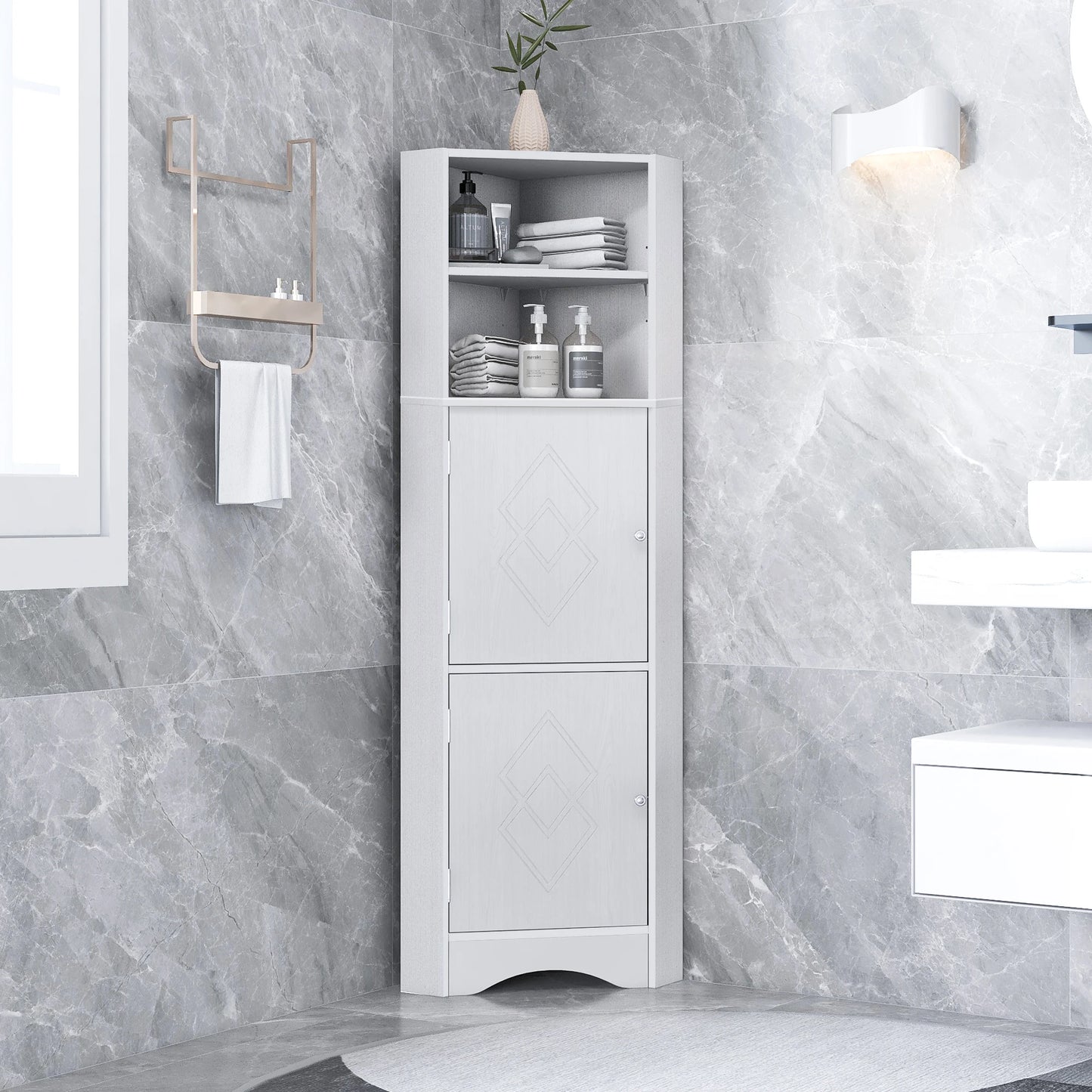 Tall Bathroom Corner Cabinet Freestanding Storage With Adjustable Shelves
