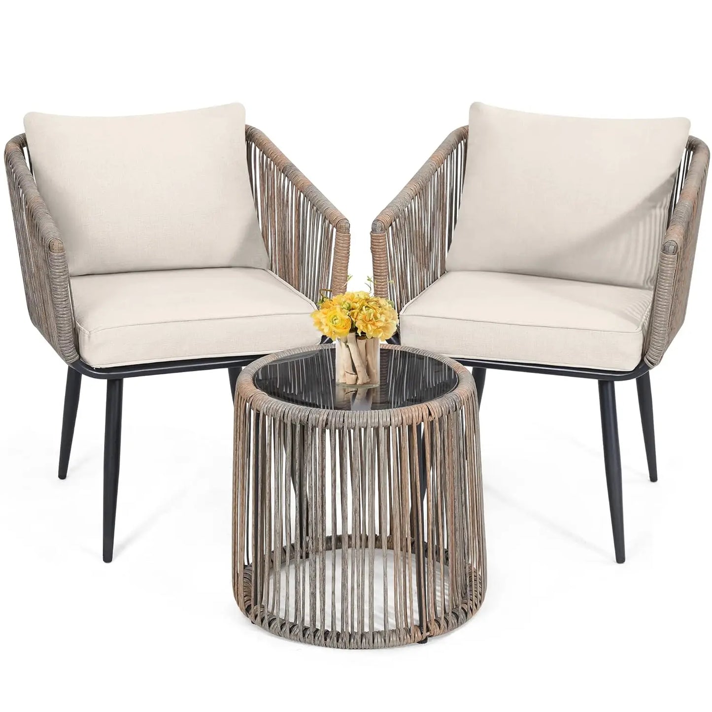 4 Piece Patio Bistro Outdoor Furniture Set Wicker Sofa and Table for Backyard