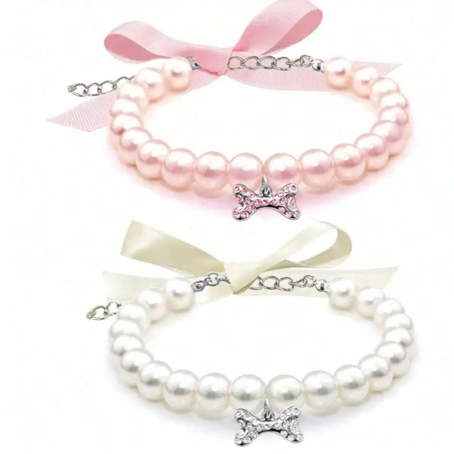 Pet Pearl Rhinestone Bone Necklace Accessory For Cats And Dogs