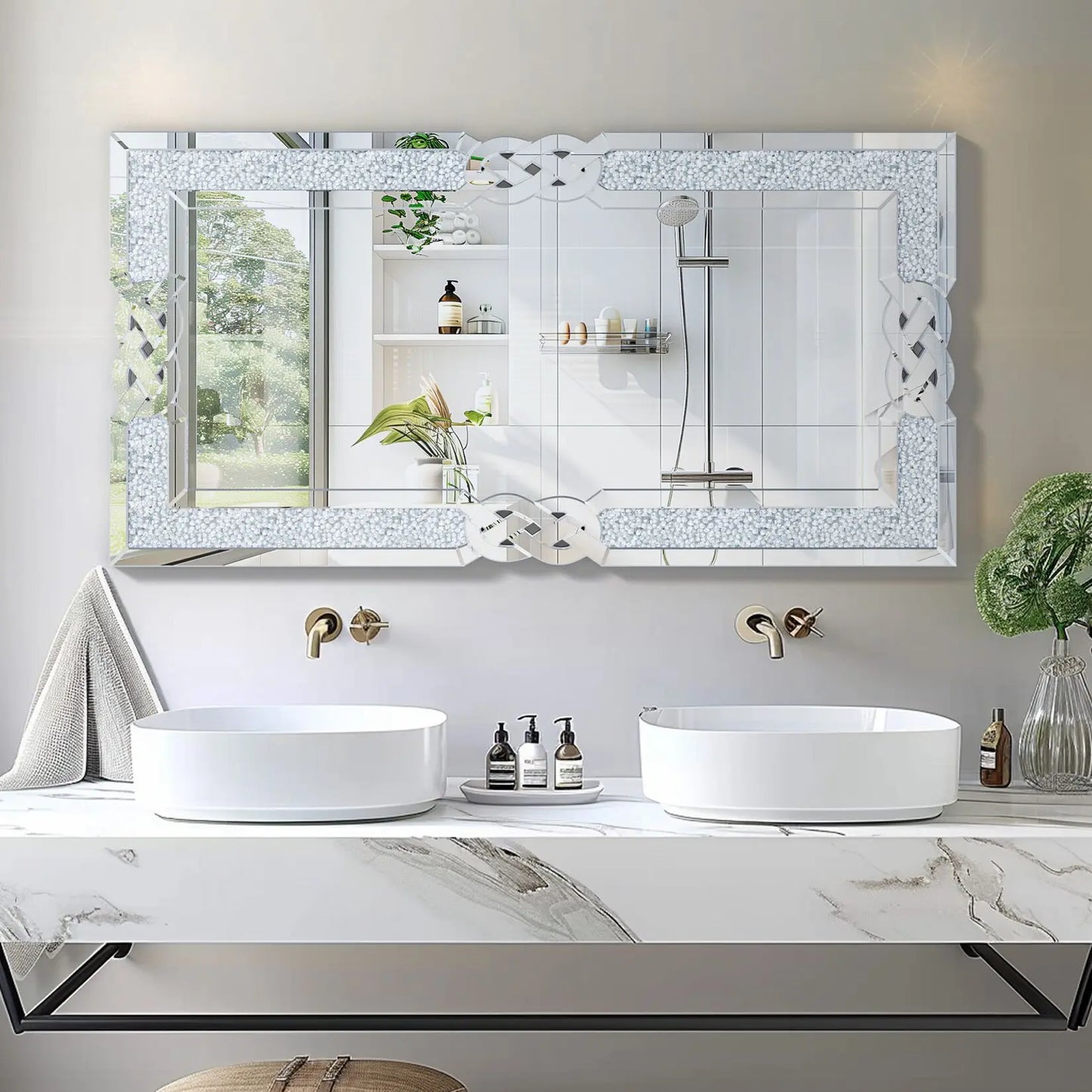 Wisfor Rectangular Wall Mirror Crystal Diamond Decor Silver Shine