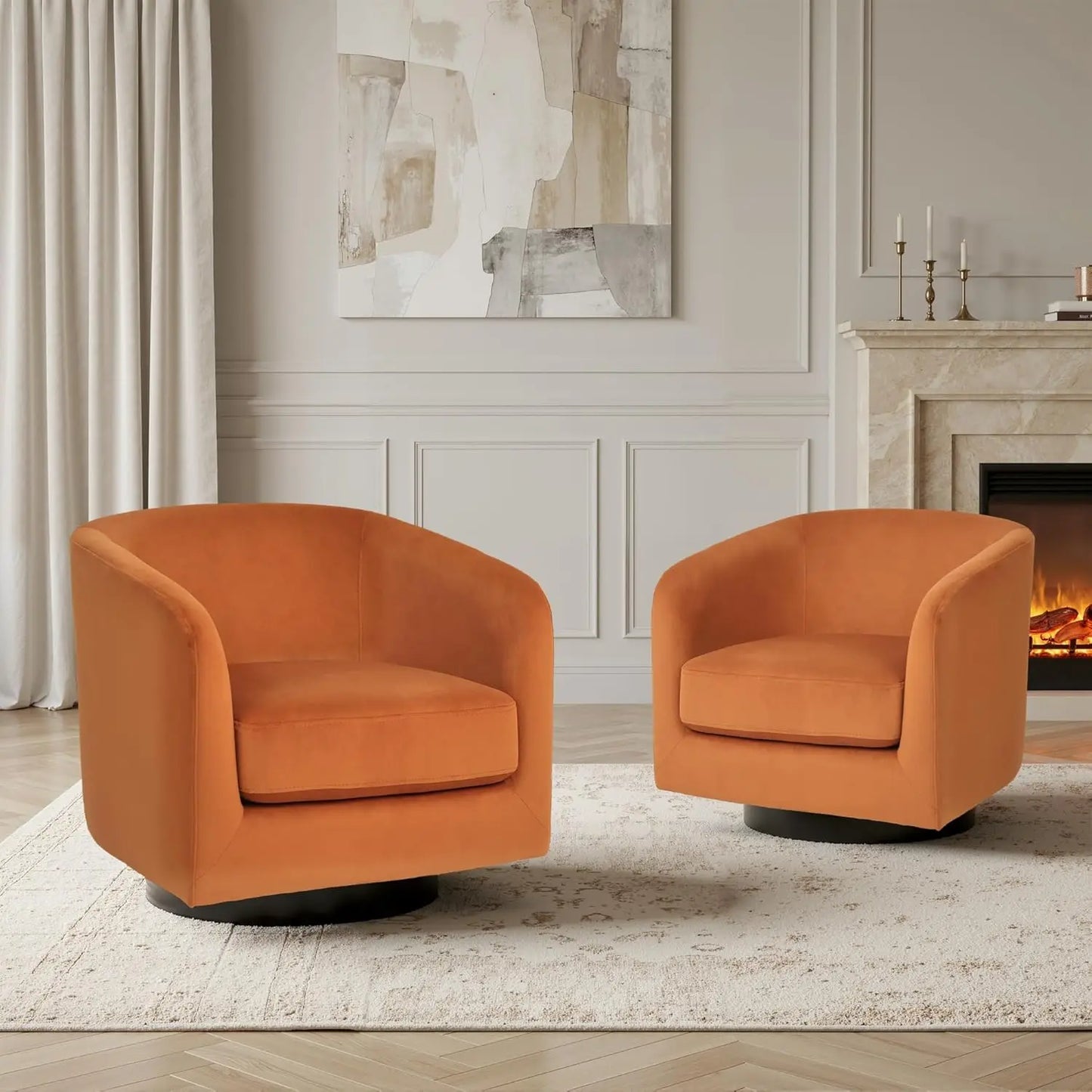 Swivel Accent Chair Set Of 2 Fabric Upholstered Barrel Armchairs