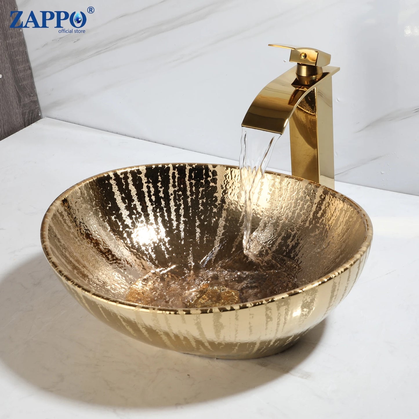 Mekkhal Ceramic Vessel Sink Set With Waterfall Faucet For Bathroom