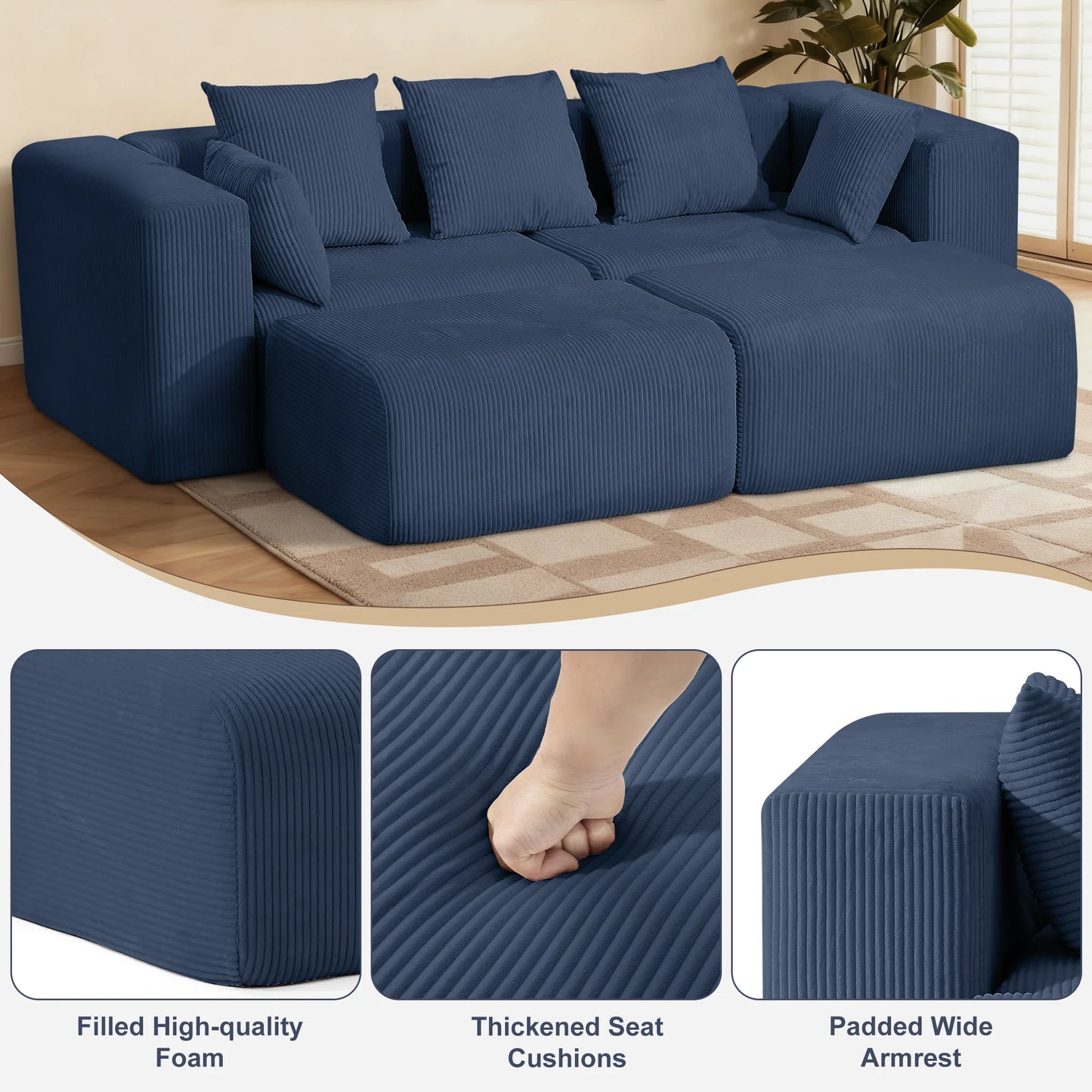Modern Corduroy Modular Sectional Sofa With Pillows For Living Room