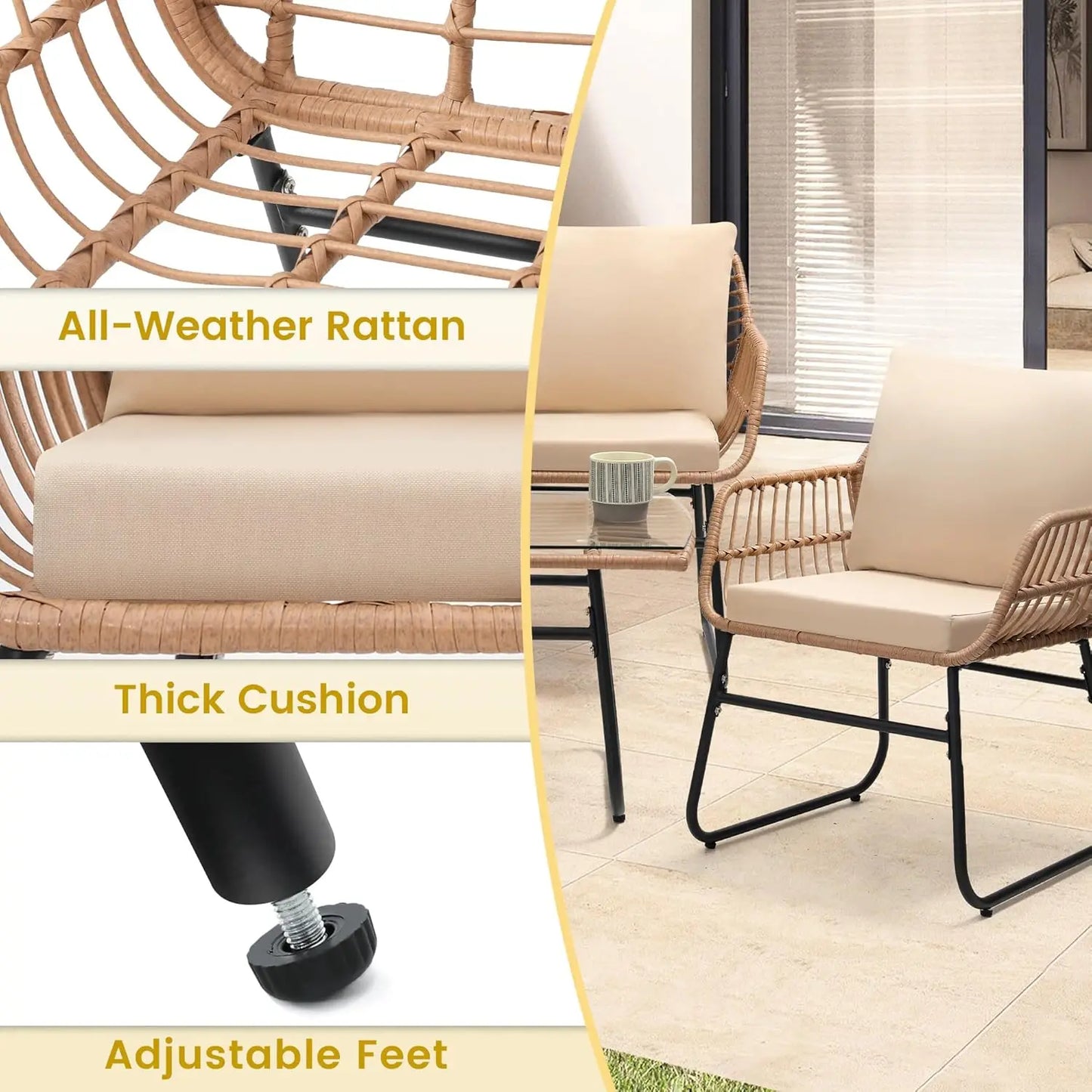 4 Piece Patio Bistro Outdoor Furniture Set Wicker Sofa and Table for Backyard