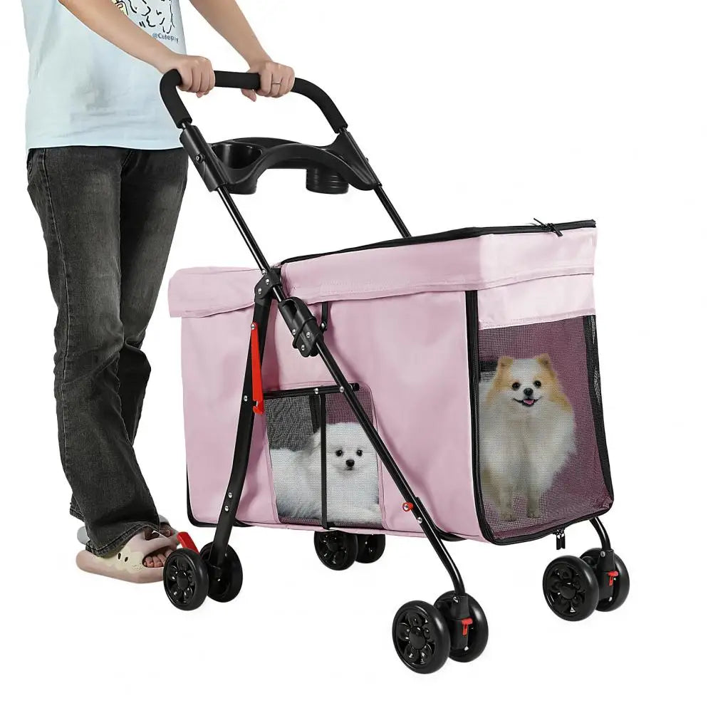 Foldable Pet Stroller With Swivel Wheels And Ventilation Panels