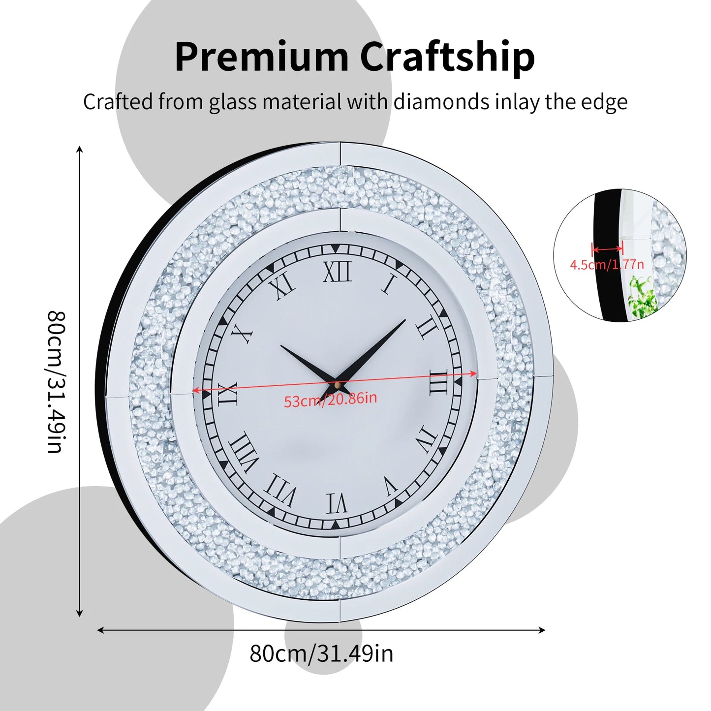 Round Mirrored Wall Clock Featuring Crystal Details And Alarm