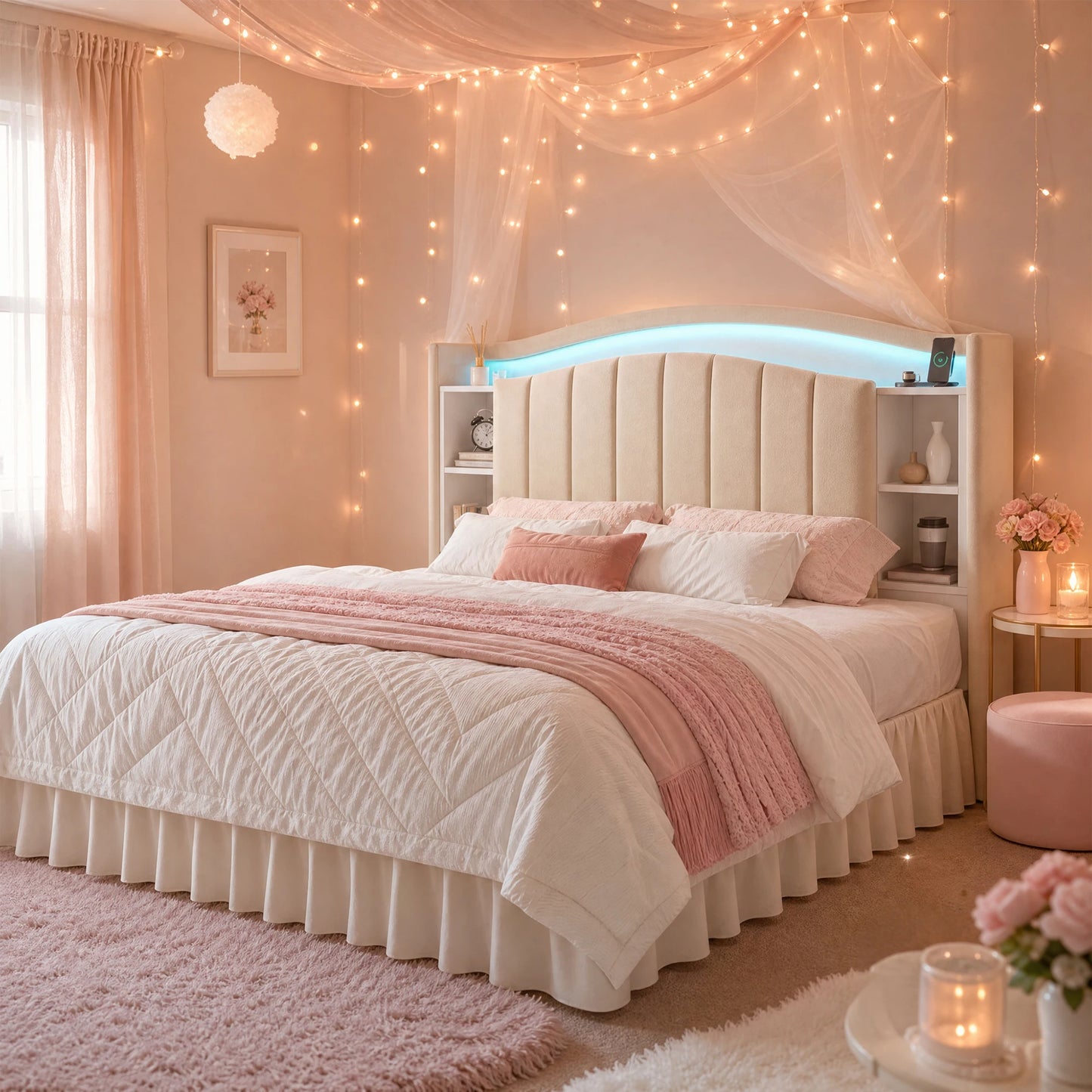 EnHomee Metal Bed Frame With Bookcase Headboard And Led Lighting