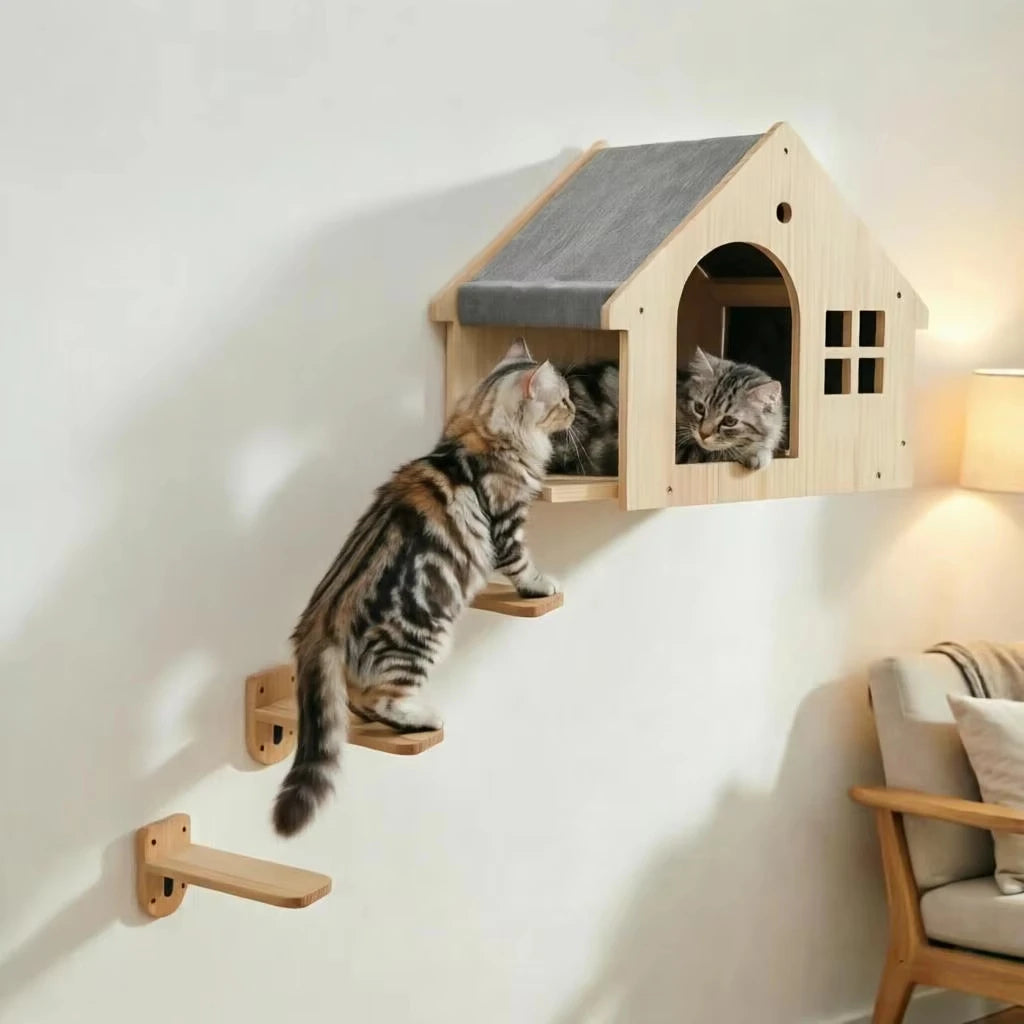 Wooden Wall Mounted Cat Condo Villa Shelf For Cats