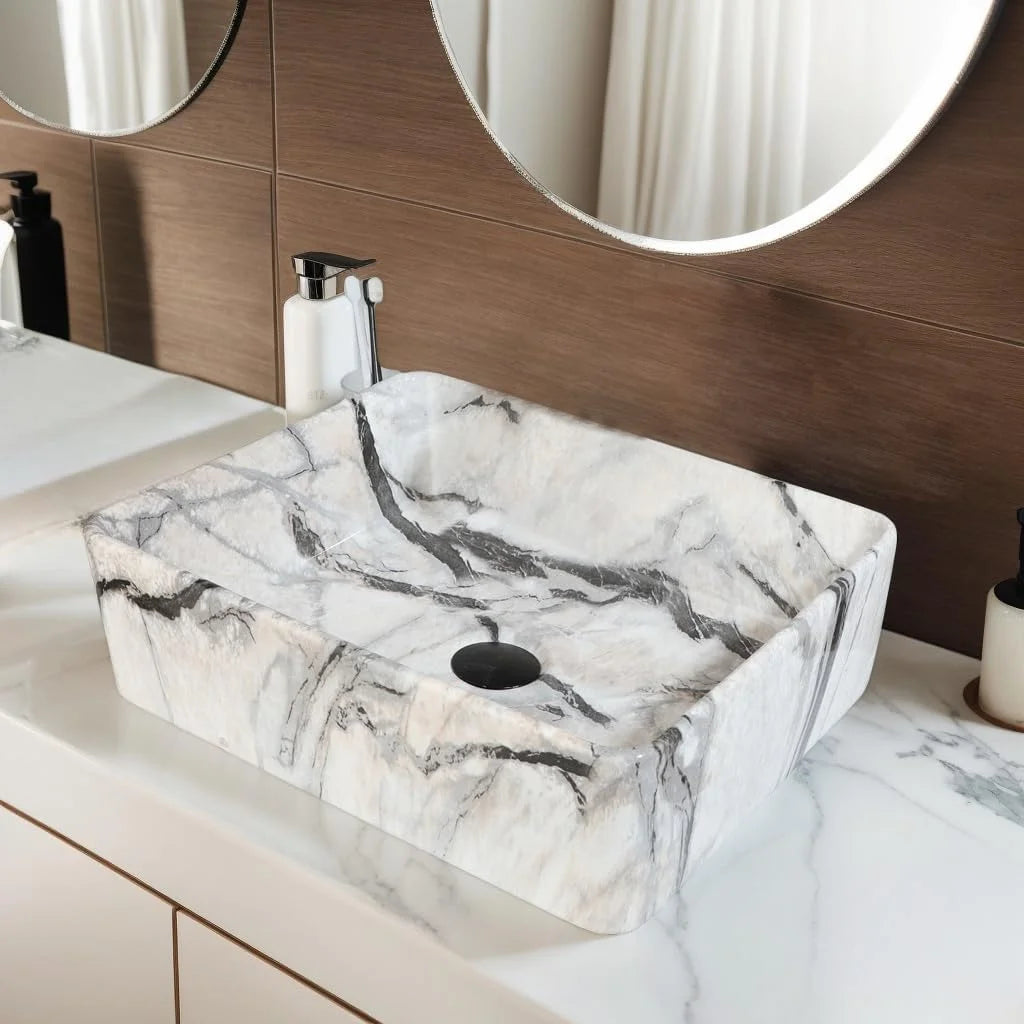 Mekkhala Rectangular Ceramic Vessel Bathroom Sink Set With Drainer