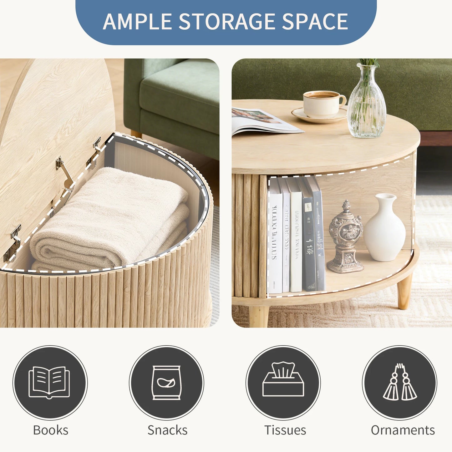 JHK Round Coffee Table With FlipTop Storage And Cabinet