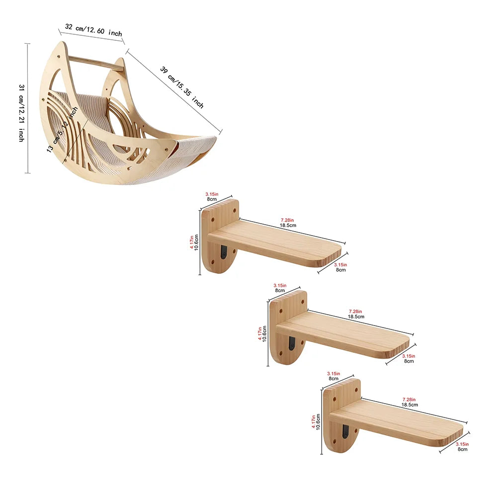 CWV Wall Mounted Cat Shelves Solid Pine Wood Perch Set