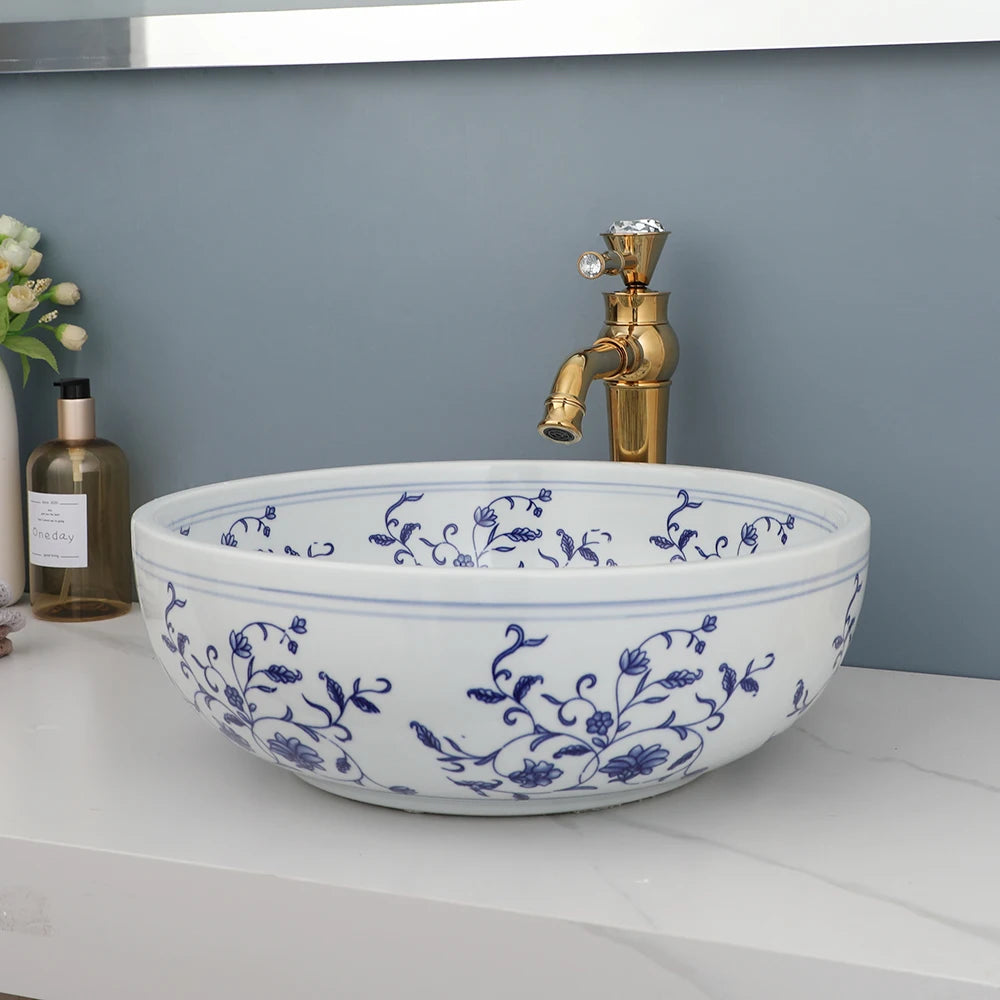 Mekkhala Ceramic Hand Painted Round Vessel Sink With Faucet