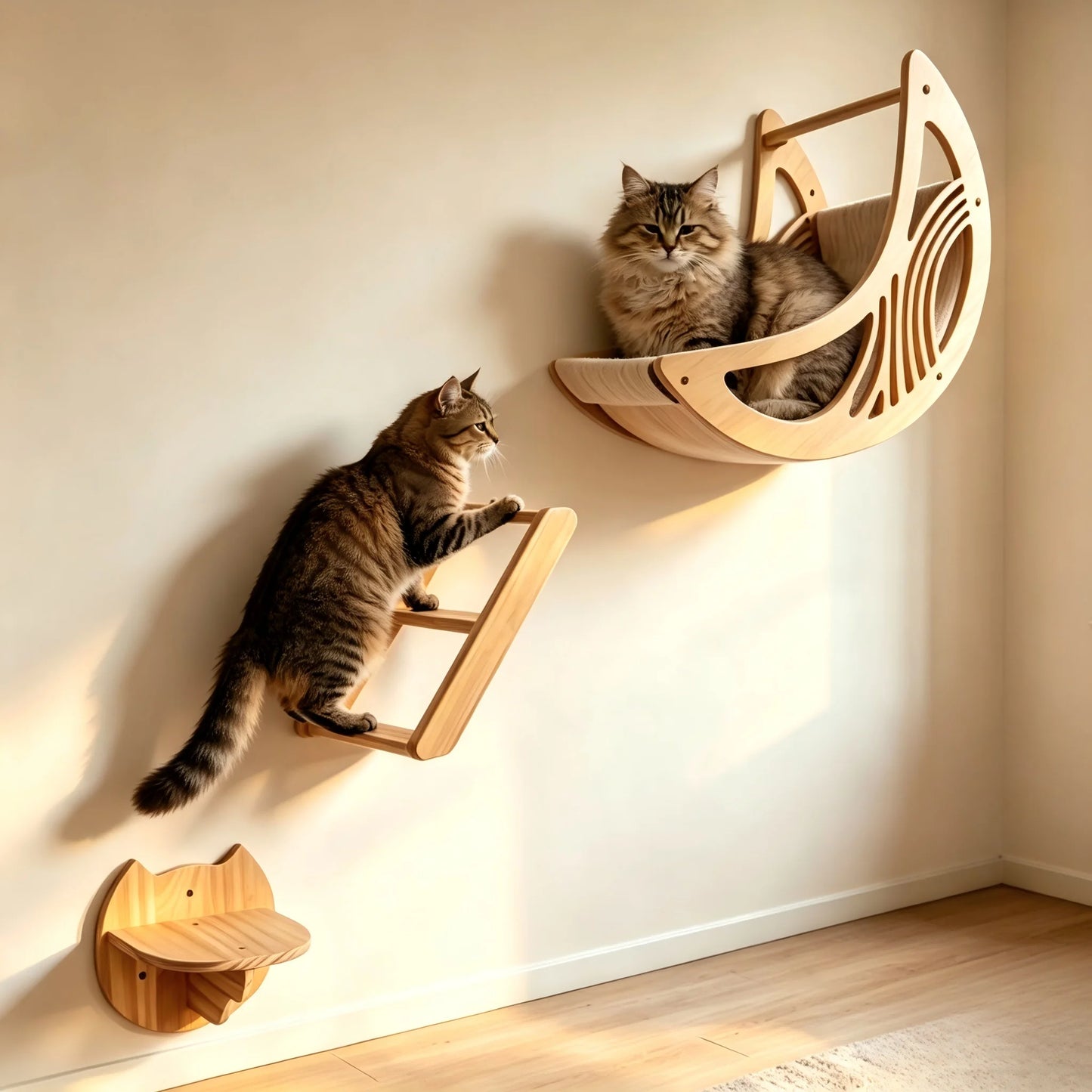 CWV Wall Mounted Cat Shelves Solid Pine Wood Perch Set