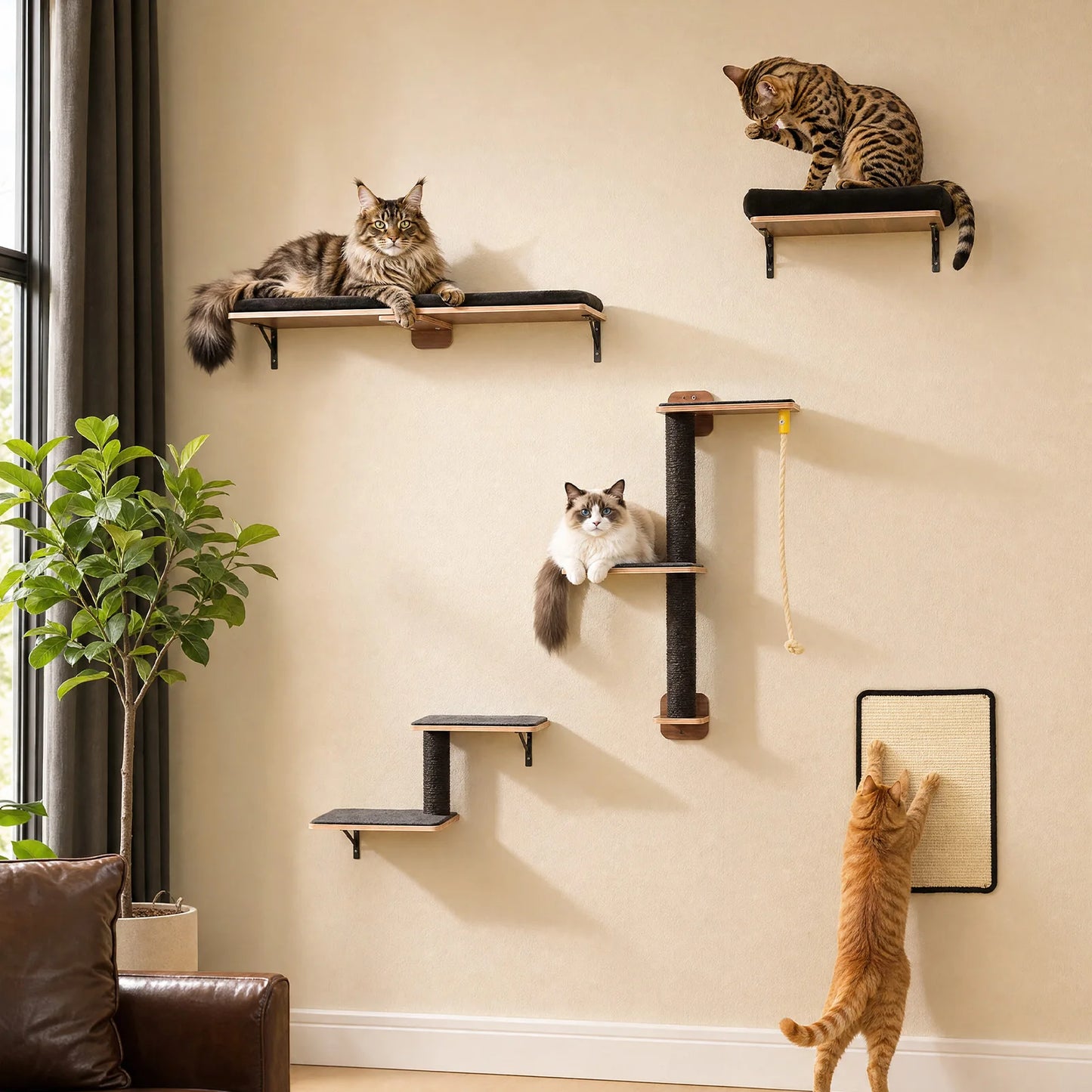 PAWZ Road Wooden Cat Wall Shelves With Sisal Scratching Posts