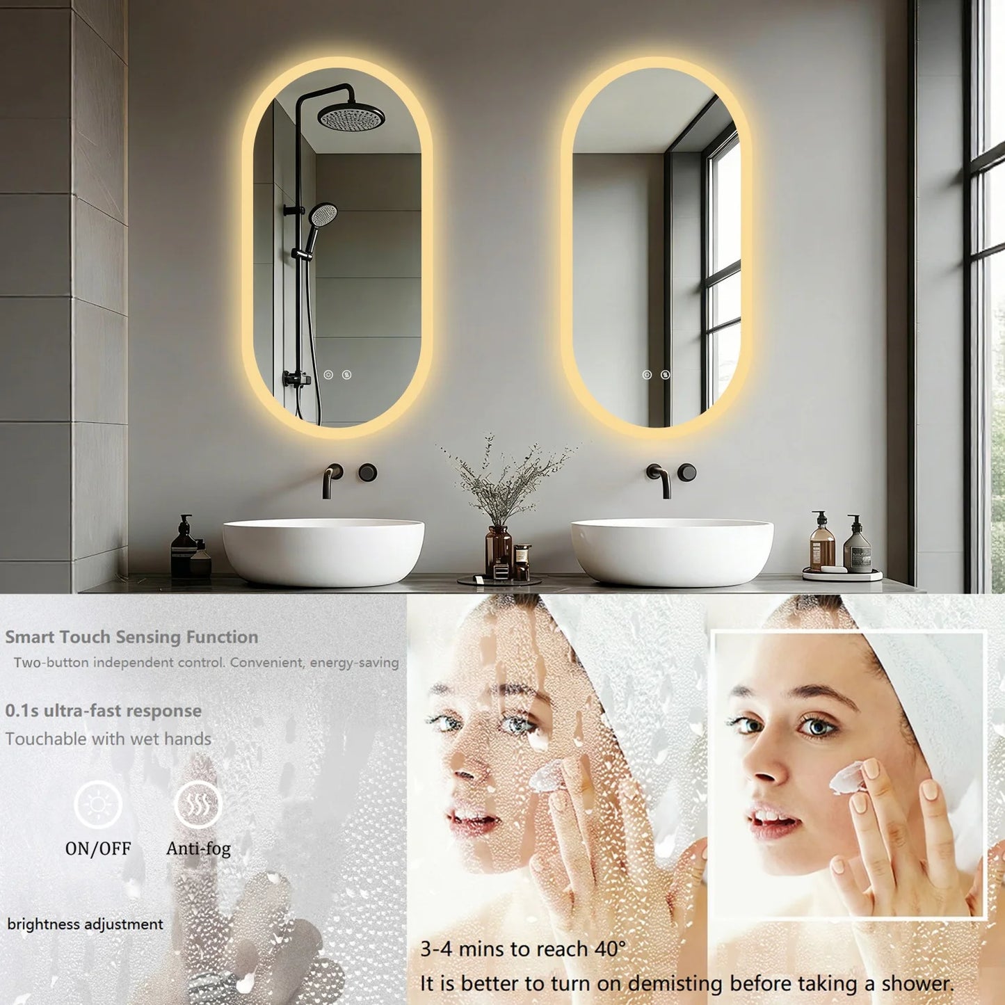 Illuminated Oval Bathroom Mirror With Backlit LEDs And Anti Fog