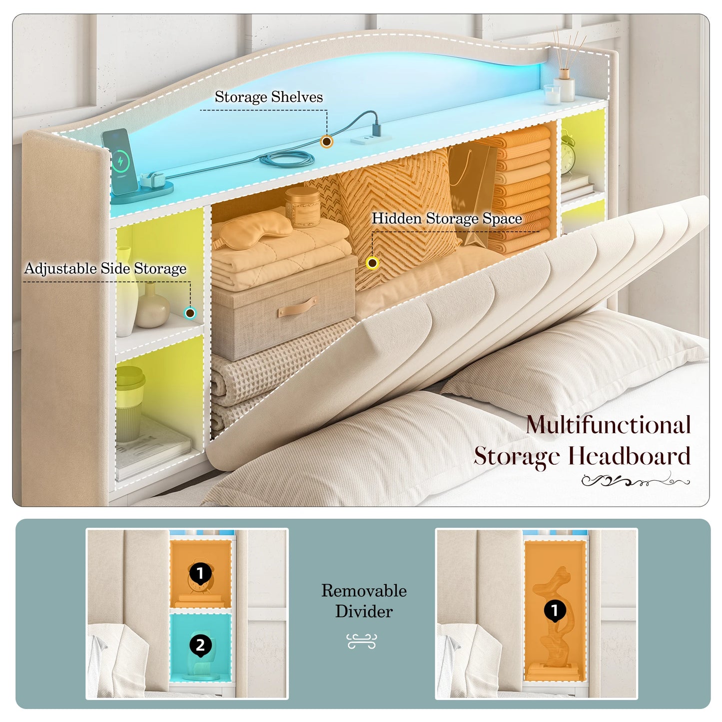 EnHomee Metal Bed Frame With Bookcase Headboard And Led Lighting