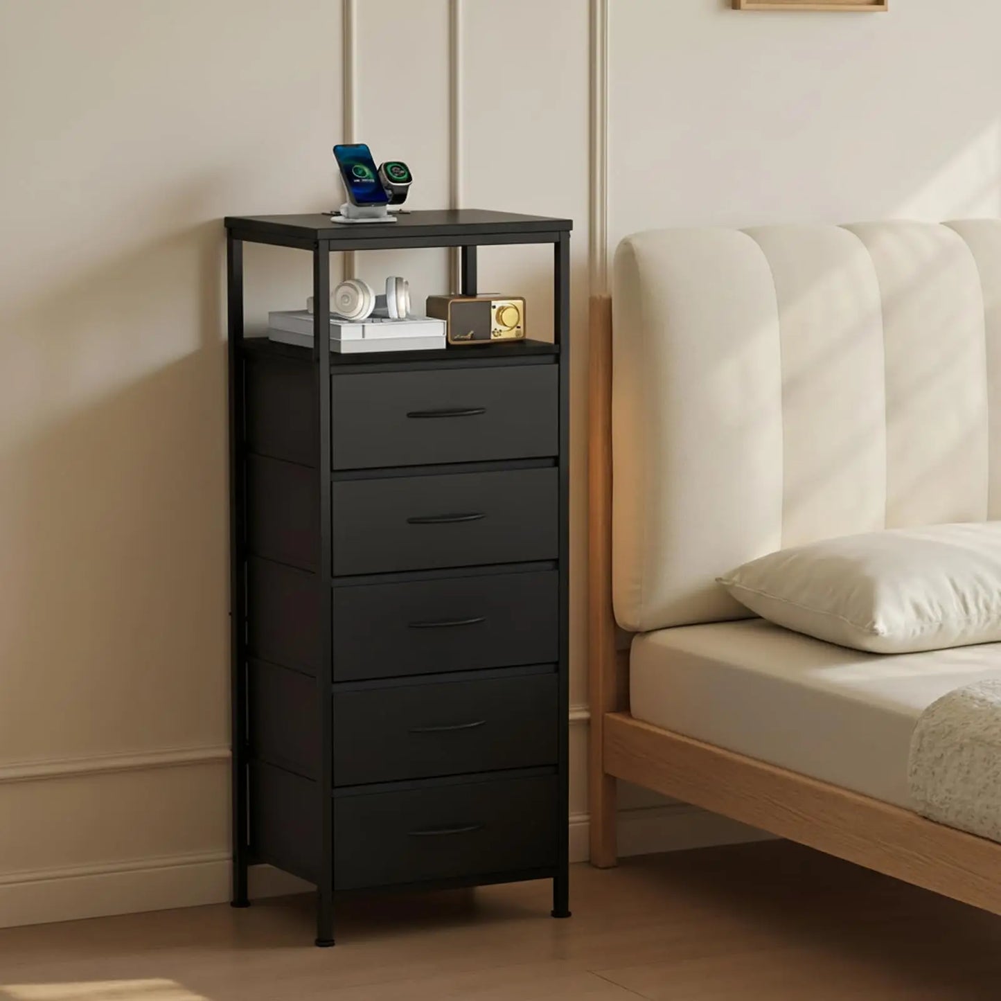 JHK Five Drawer Fabric Dresser Nightstand With Charging Station
