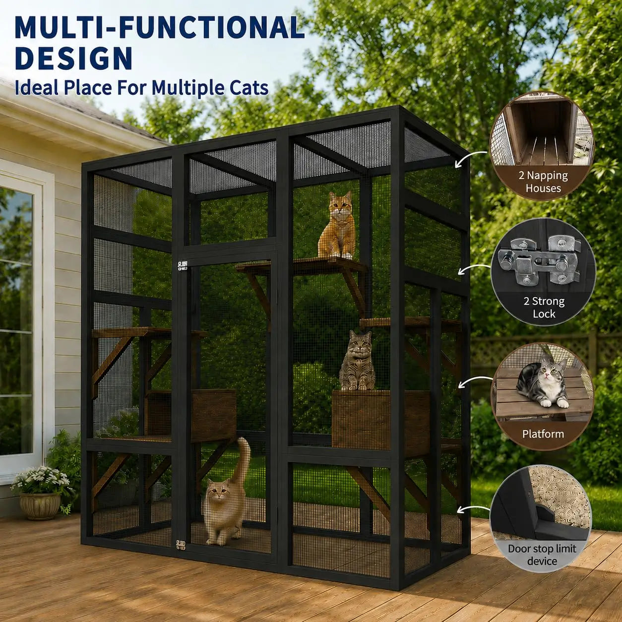 HiMISS Wooden Outdoor Catio Cat Enclosure With Five Platforms