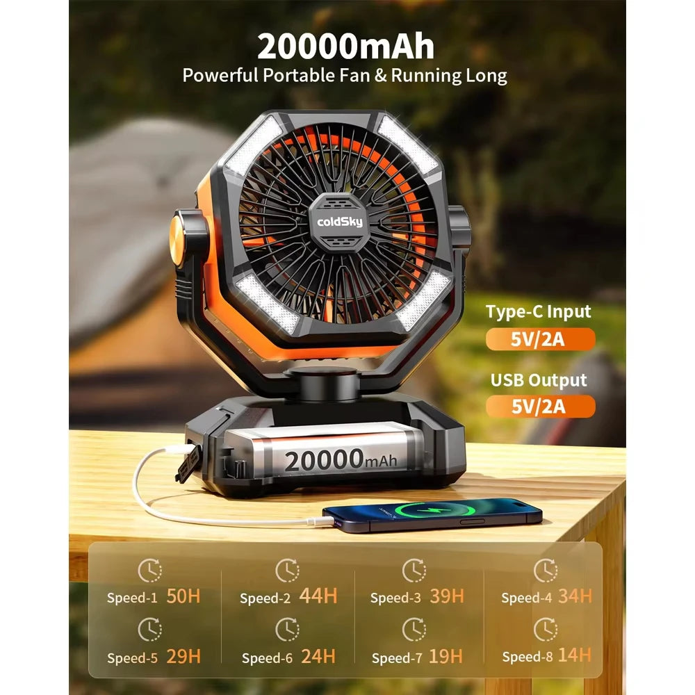 ColdSky Camping Fan With LED Lantern, 8 Speeds, 20000mAh Battery