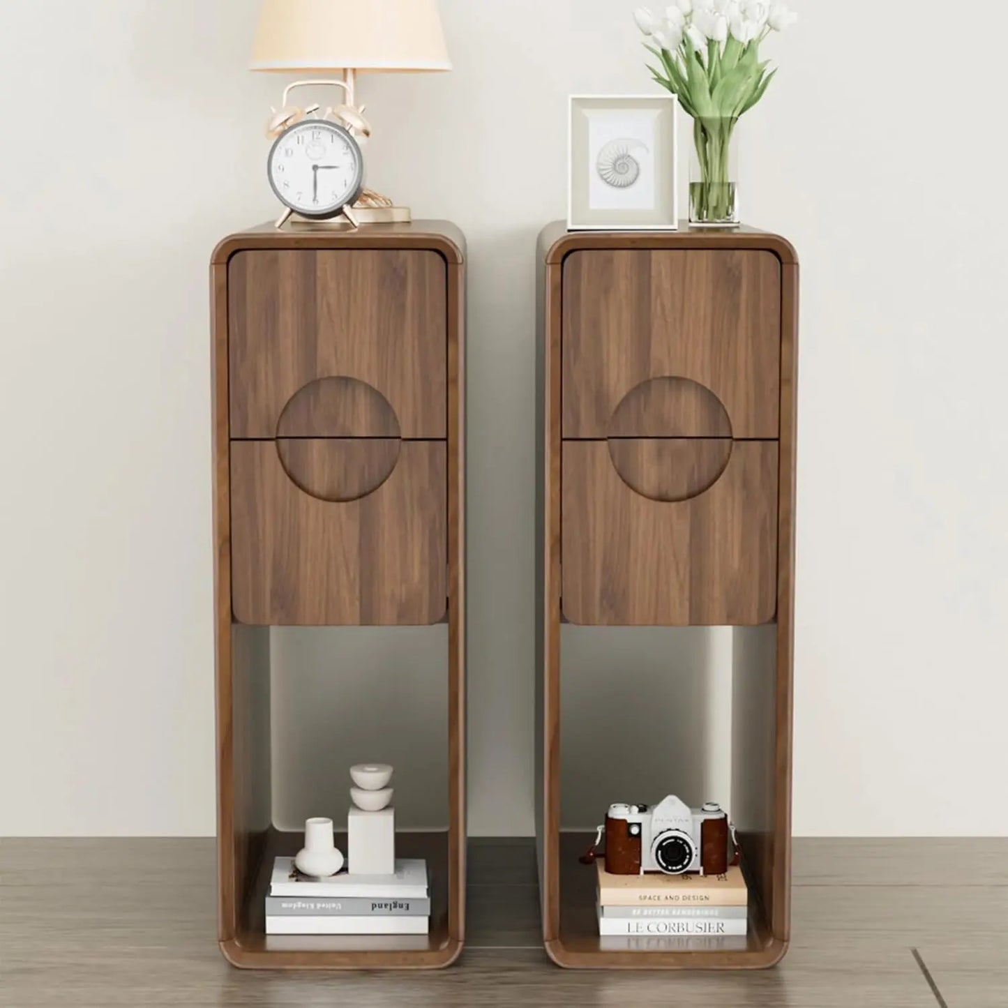 Narrow Fluted Nightstand Set Of 2 Wooden Two Drawer Bedside Tables