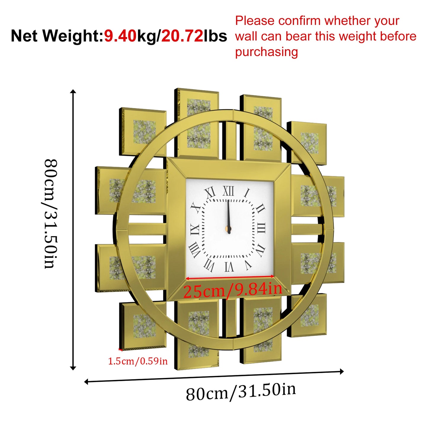 Crush Diamond Mirrored Wall Clock With Roman Numerals Quartz