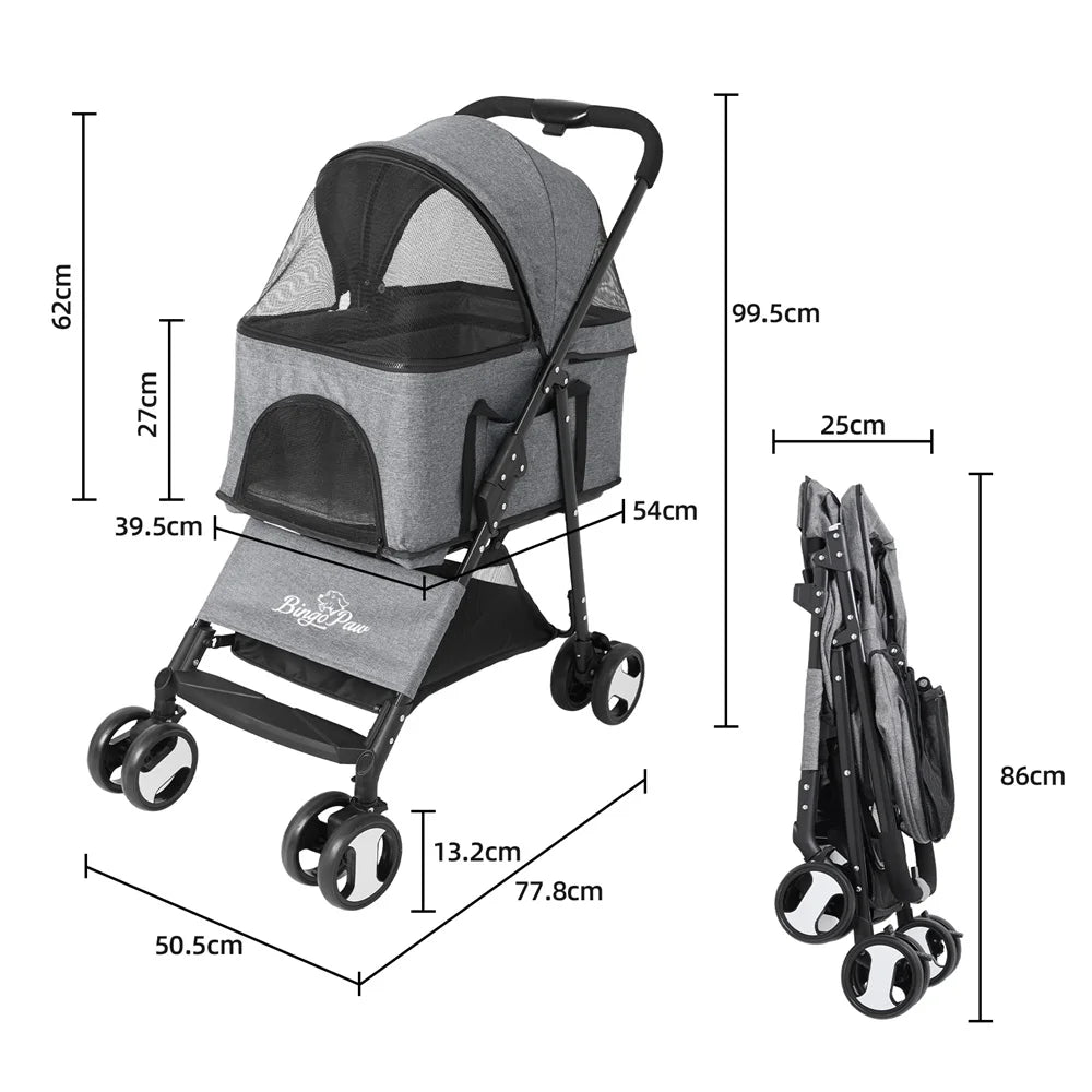 Foldable Pet Dog Stroller With Four Wheels And Storage Basket