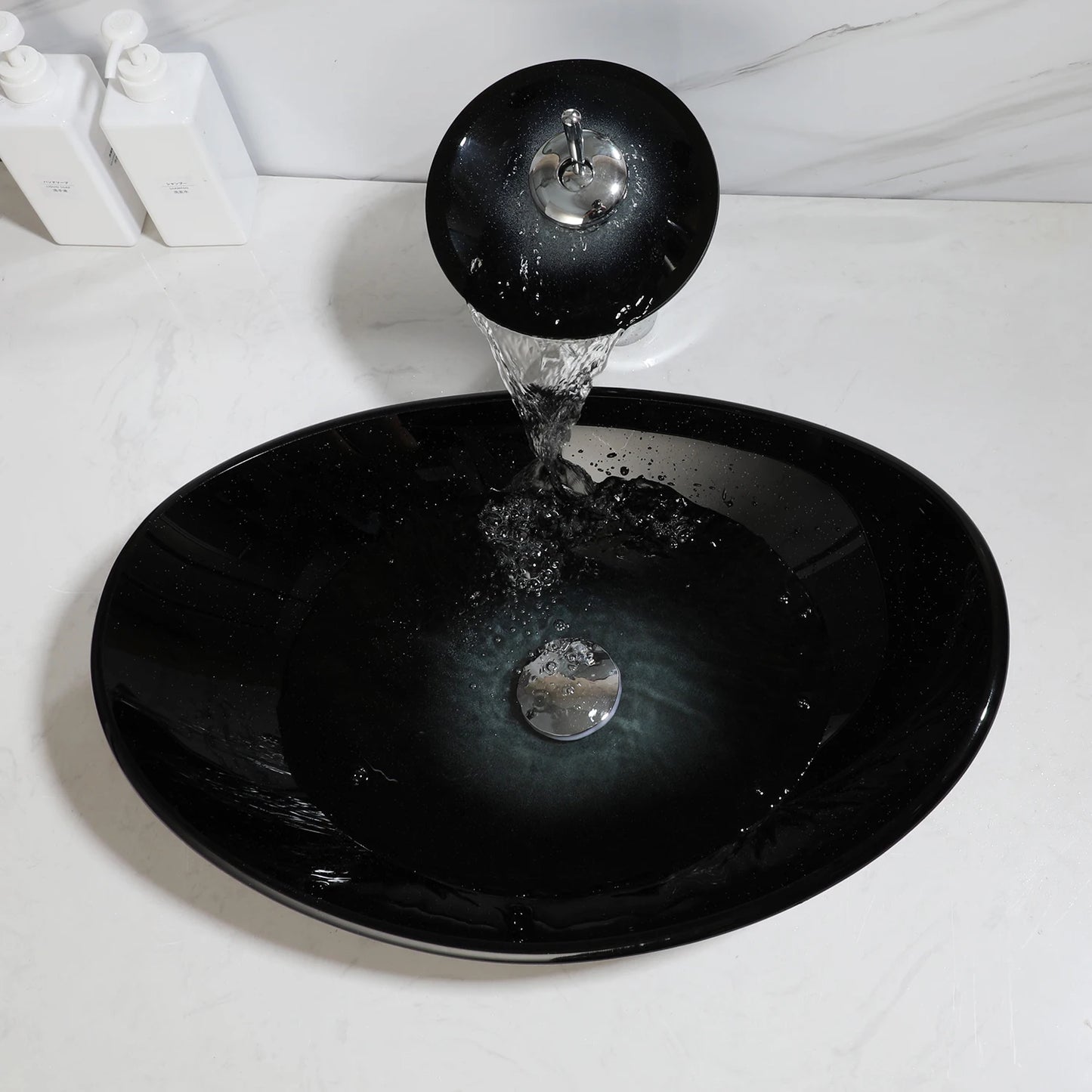 Sinlaku Glass Vessel Sink With Faucet And Drain For Bathroom