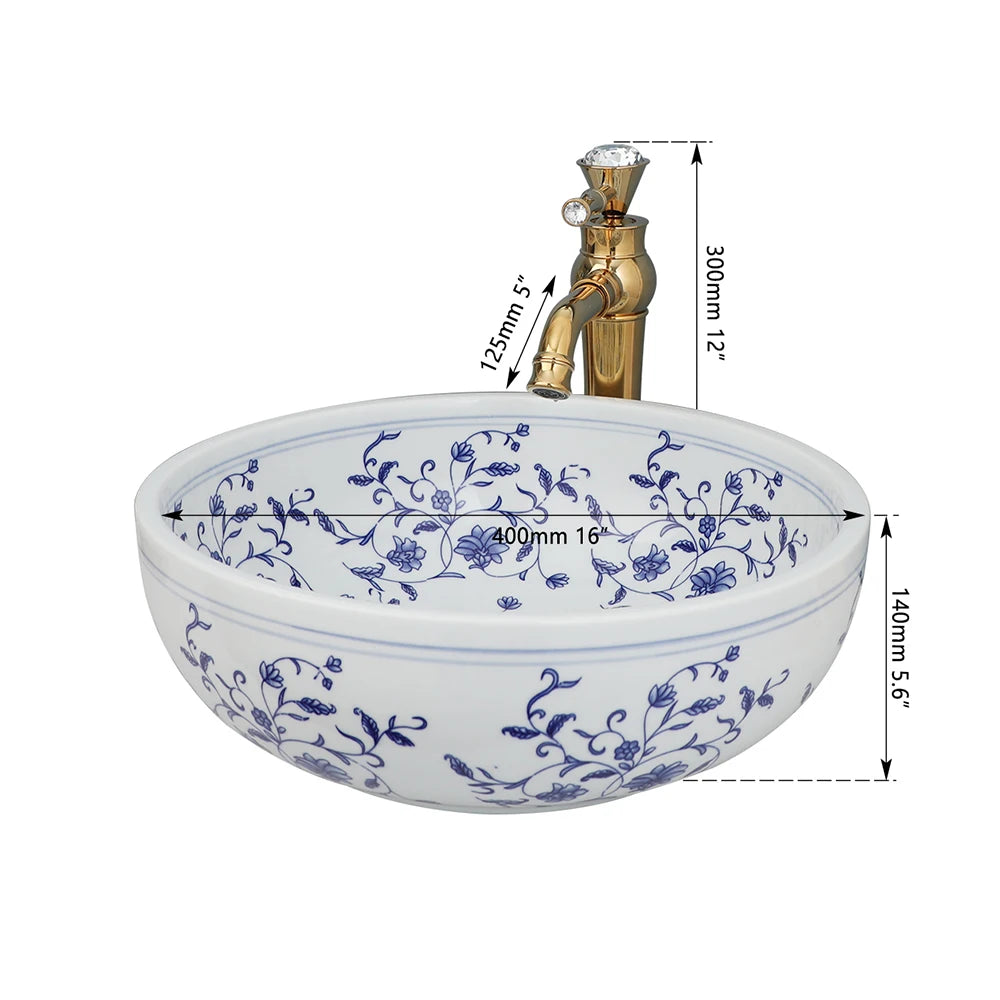 Mekkhala Ceramic Hand Painted Round Vessel Sink With Faucet