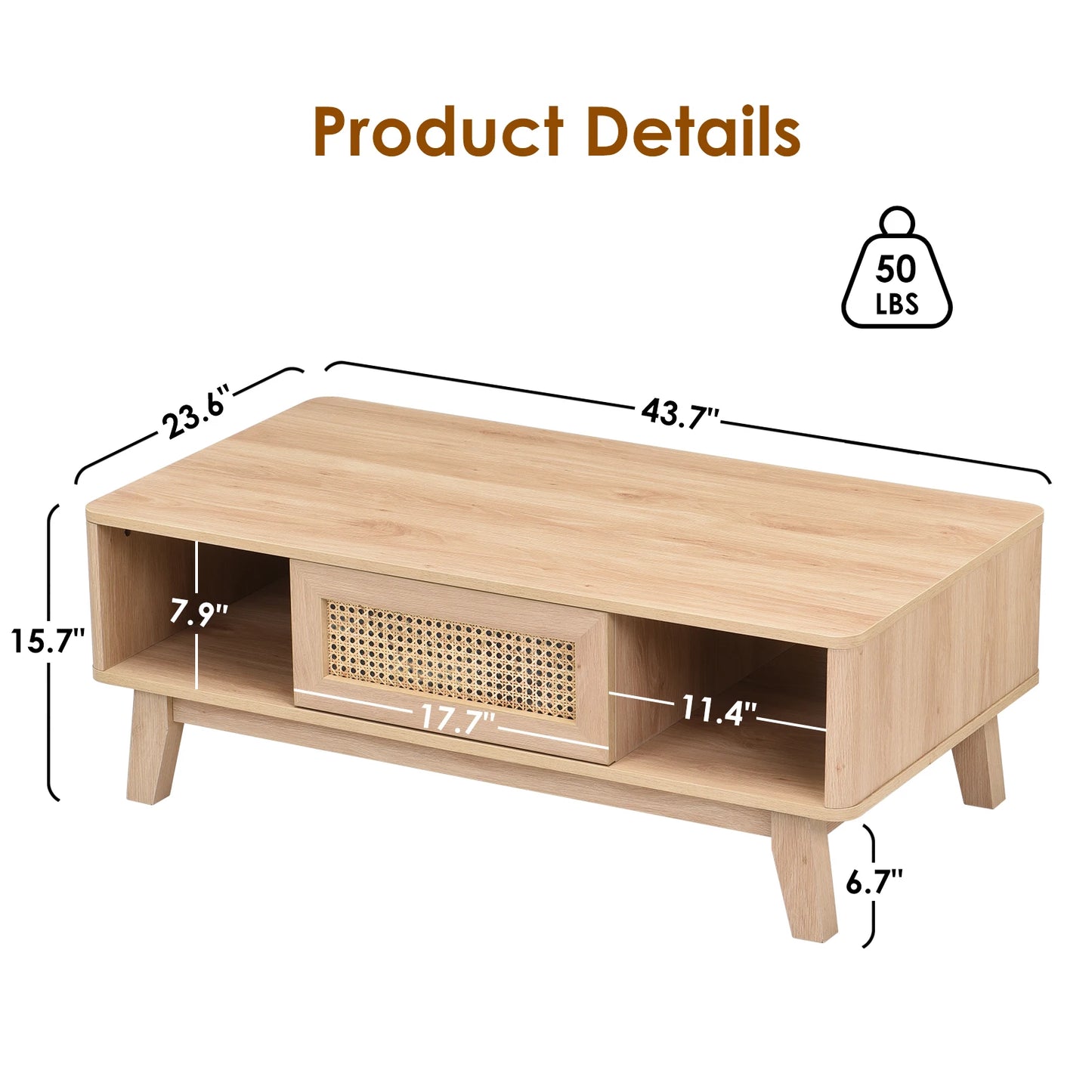 Farini Mid Century Modern Coffee Table With Rattan Drawer