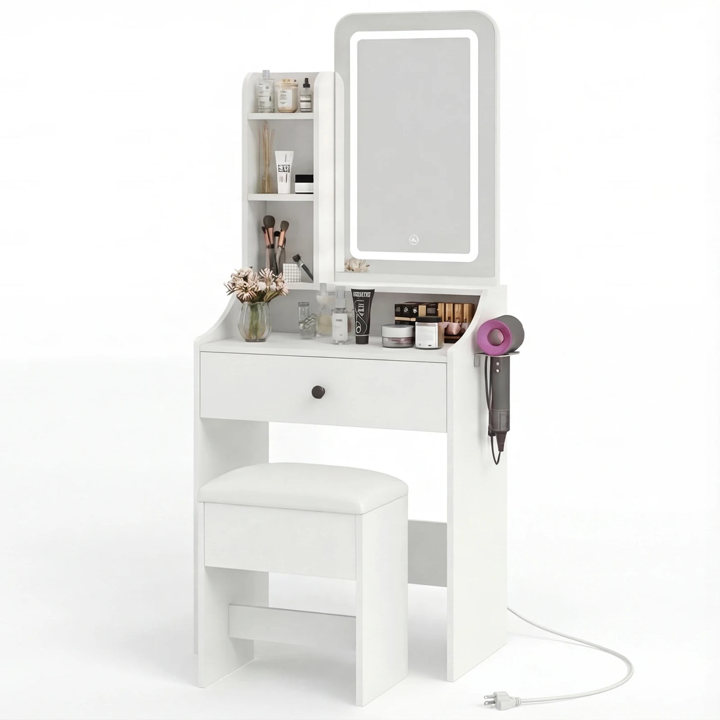 JHK Modern Wooden Vanity Set With Mirror And Storage Bench