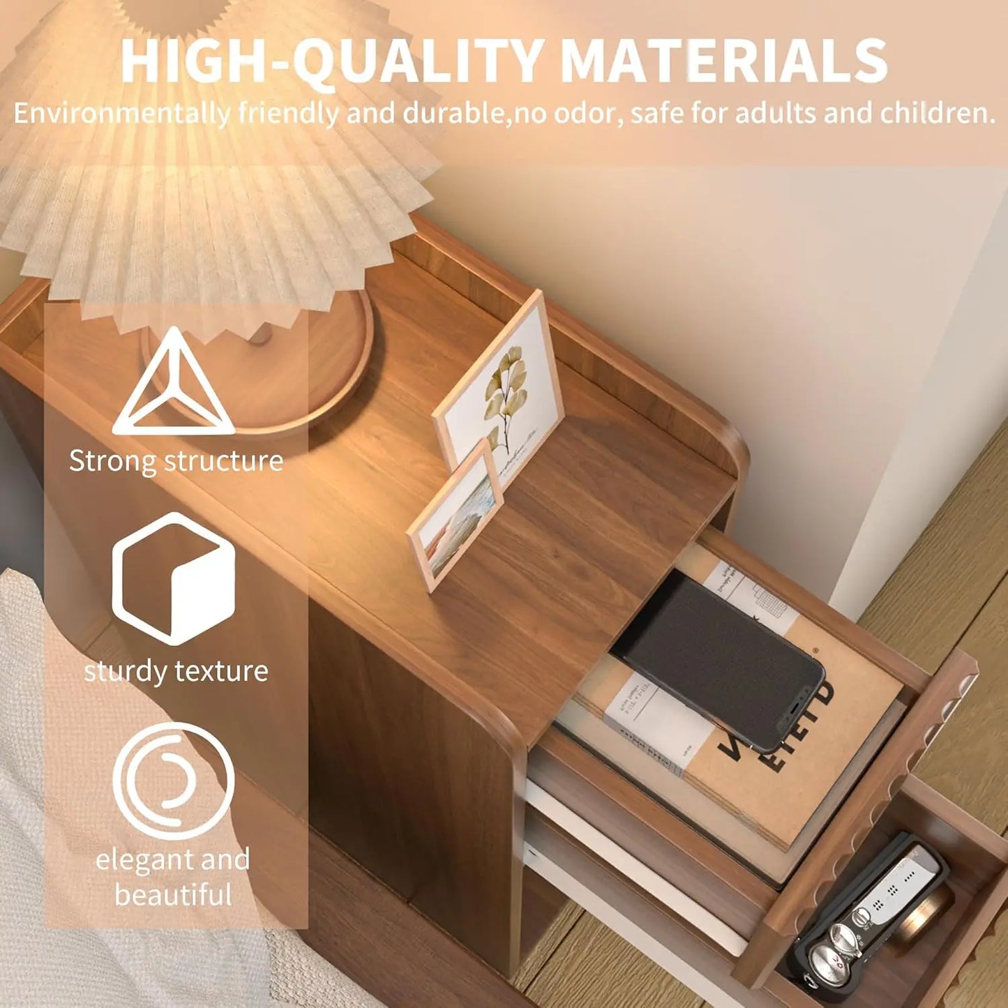 Narrow Fluted Nightstand Set Of 2 Wooden Two Drawer Bedside Tables