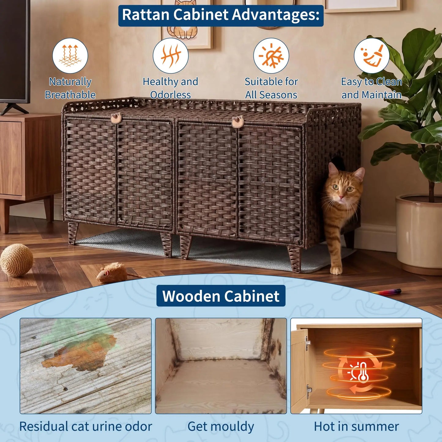 DishyKooker Rattan Double Door Cat Litter Box Enclosure