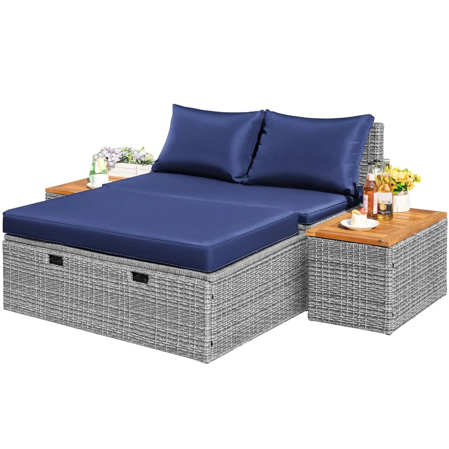 Outdoor Rattan Daybed With Side Tables And Storage Ottoman