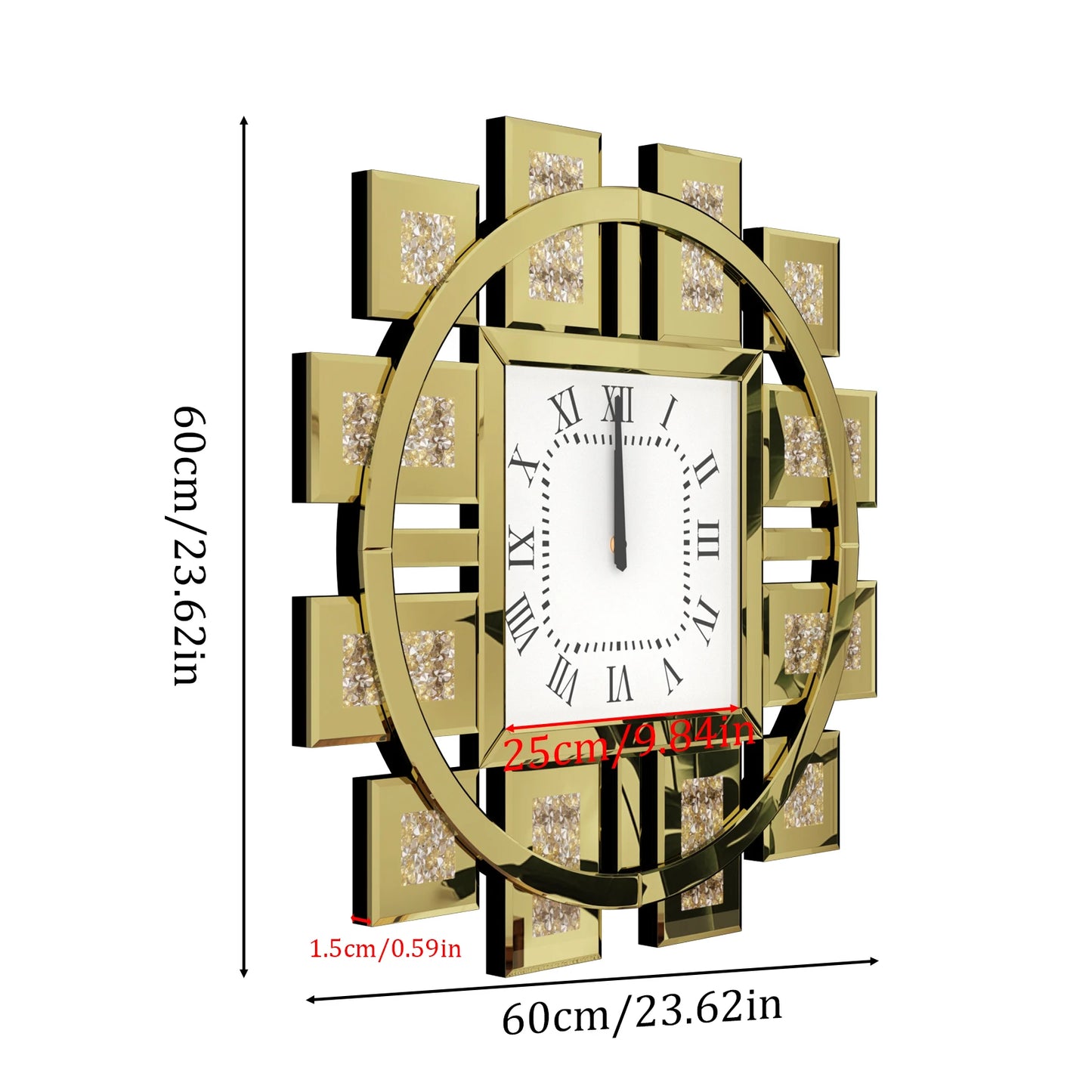 Crush Diamond Mirrored Wall Clock With Roman Numerals Quartz
