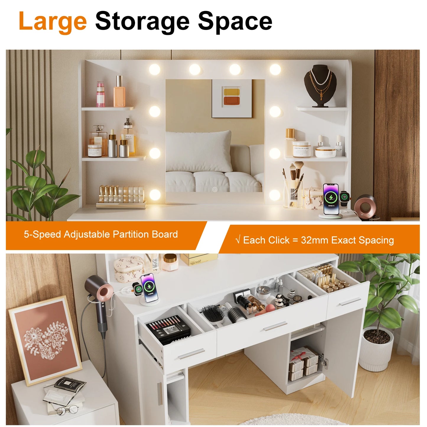 Jhk Bedroom Vanity Desk With Lighted Mirror And Wood Storage