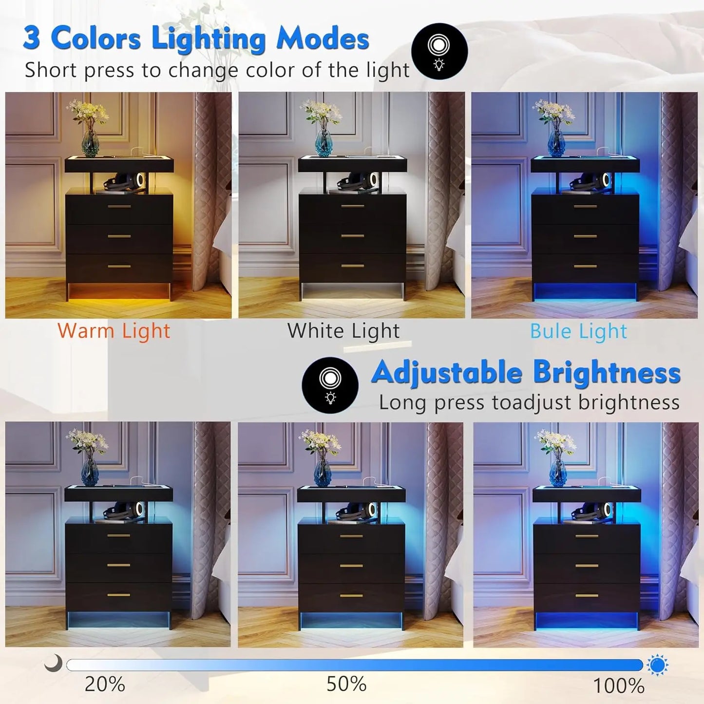 Wireless Charging Nightstand With Auto Sensor LED End Table
