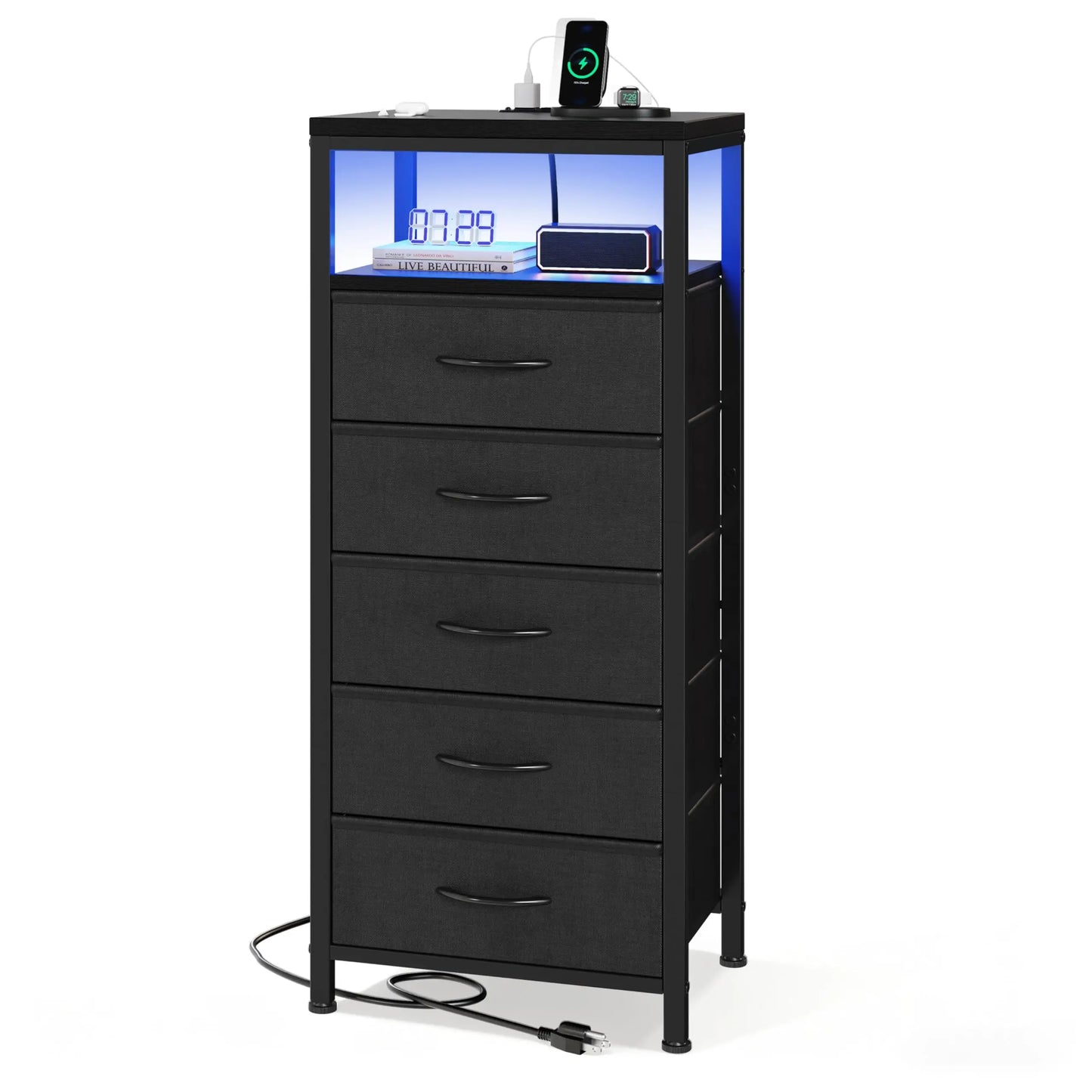 JHK 5 Fabric Drawers Dresser With Charging Station And Outlets