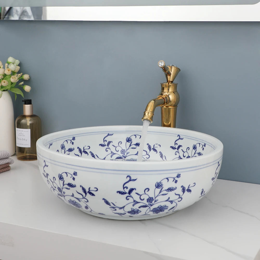 Mekkhala Ceramic Hand Painted Round Vessel Sink With Faucet