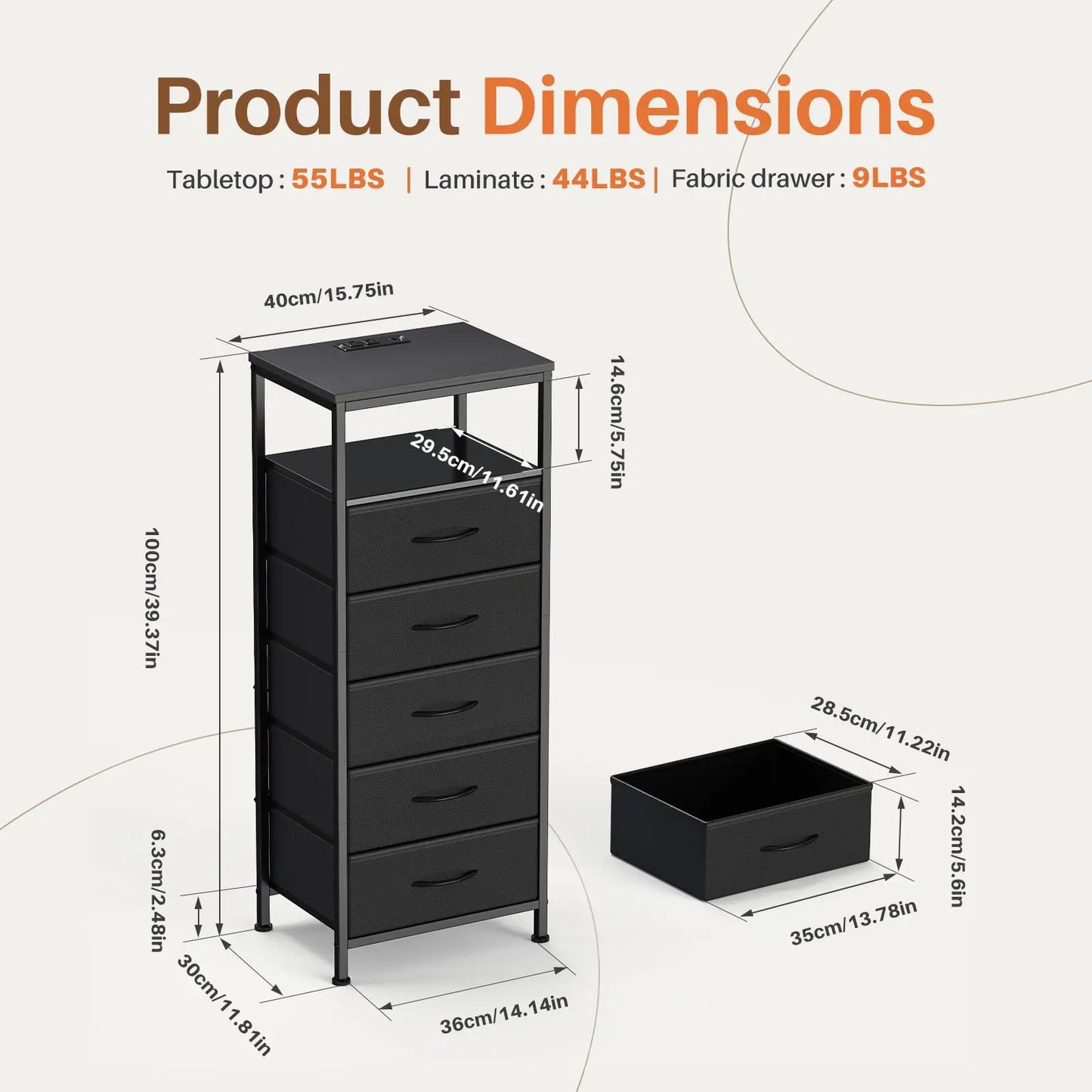 JHK 5 Fabric Drawers Dresser With Charging Station And Outlets