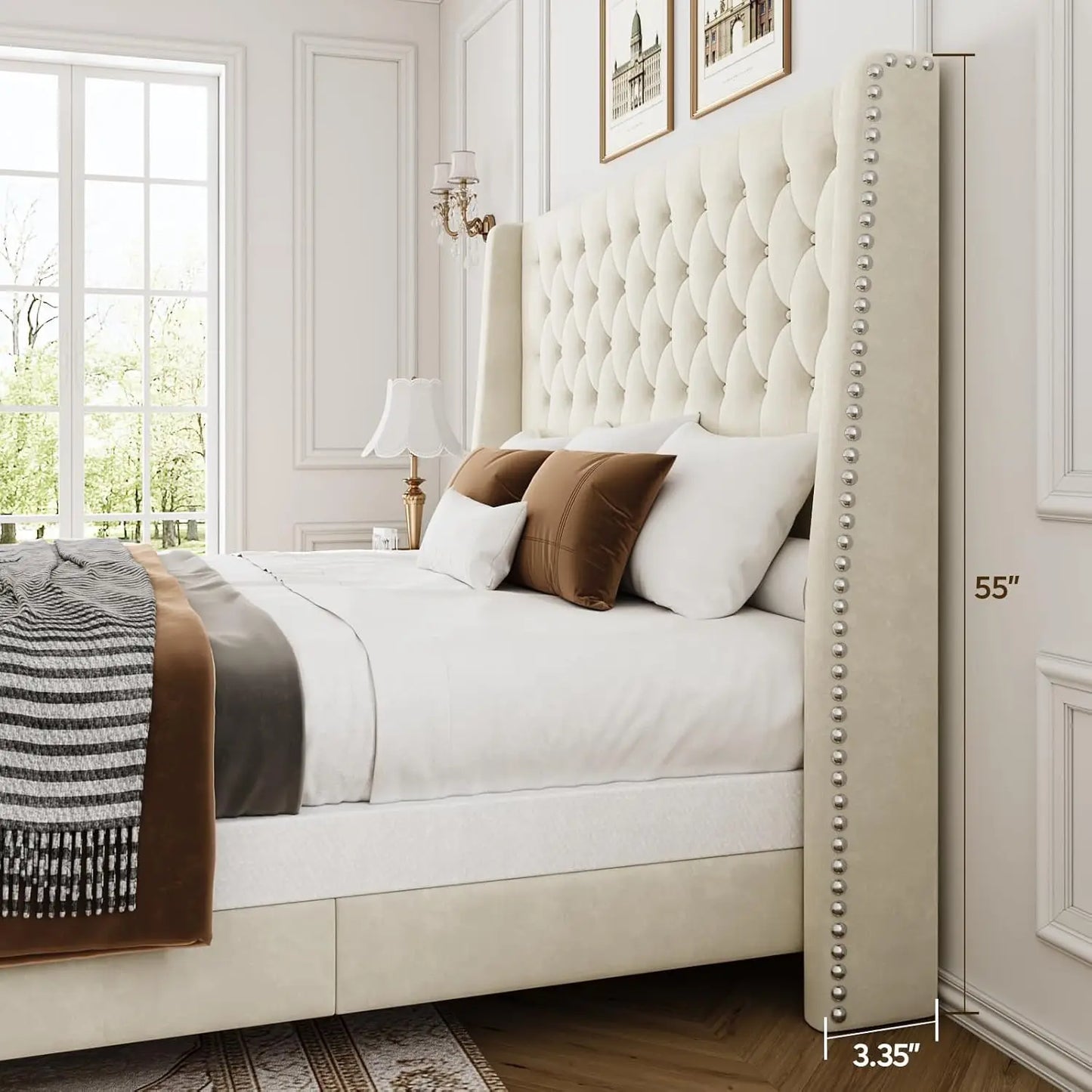 Upholstered Platform Bed Frame With Button Tufted Headboard