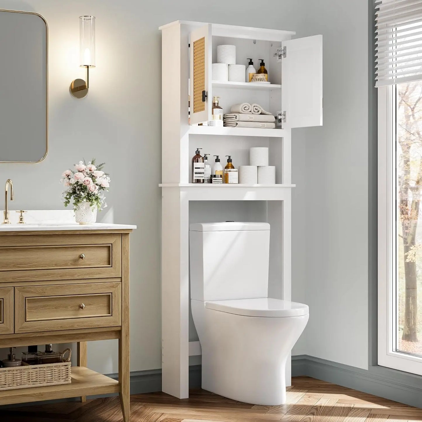 Farmhouse Over Toilet Storage Cabinet With Natural Rattan Doors Adjustable Shelf