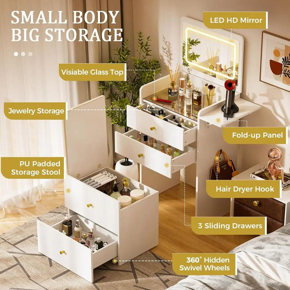 Wooden Makeup Vanity Desk With Mirror And Attached Lights