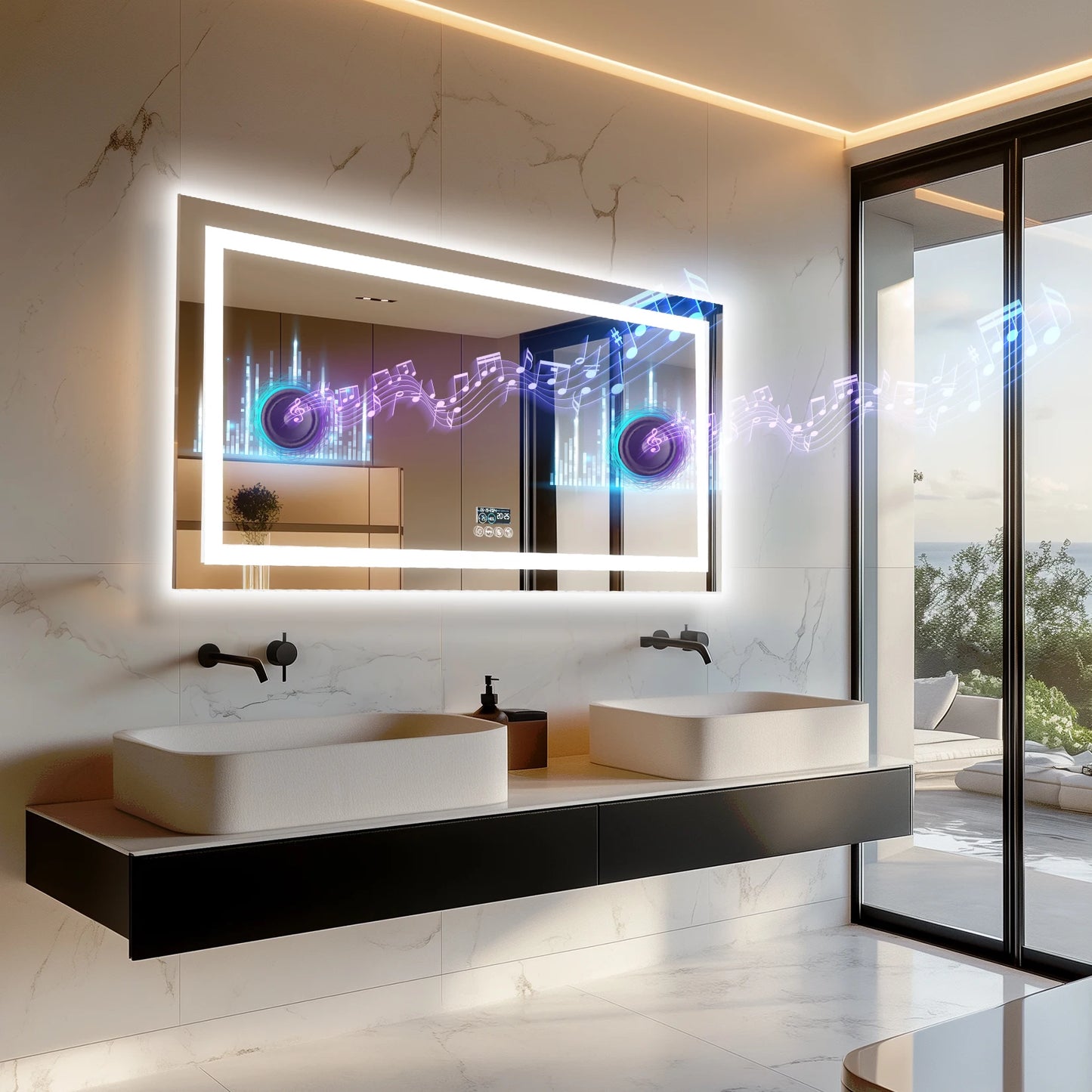 Luvodi Bluetooth Illuminated Bathroom Mirror With Digital Clock And Defog