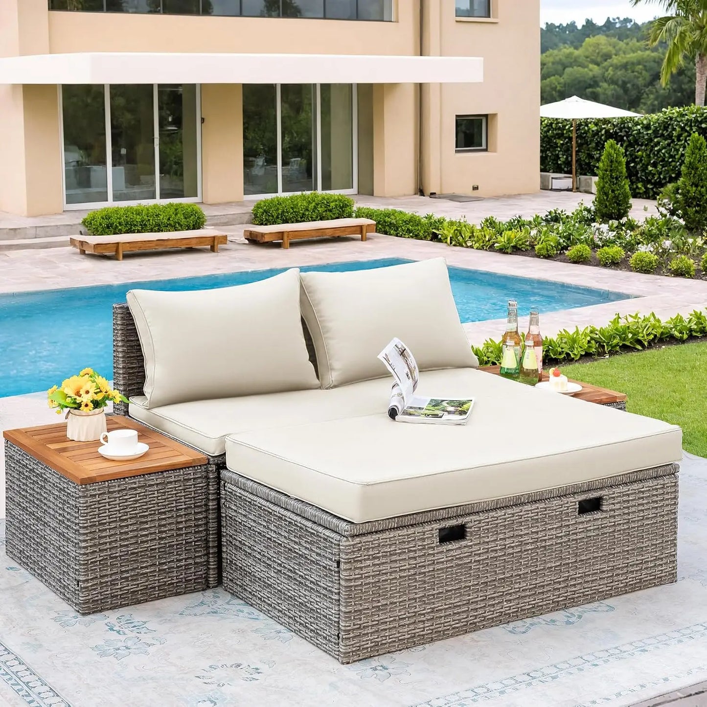 Outdoor Rattan Daybed With Side Tables And Storage Ottoman