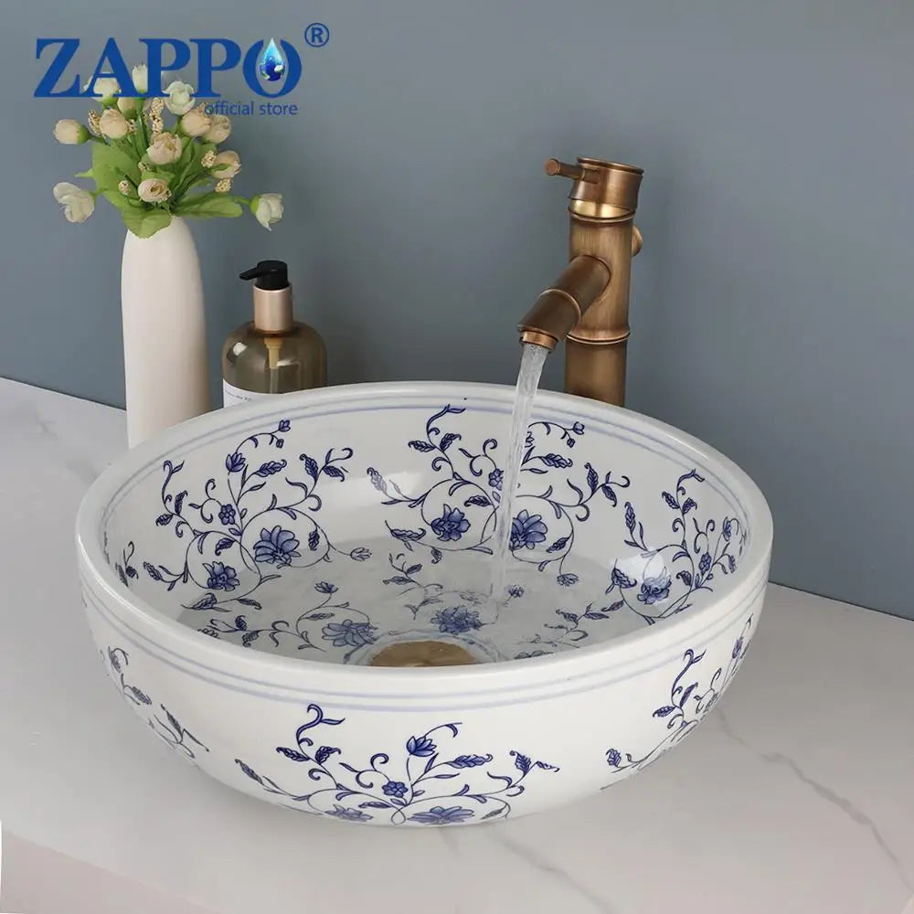 Mekkhala Ceramic Hand Painted Round Vessel Sink With Faucet